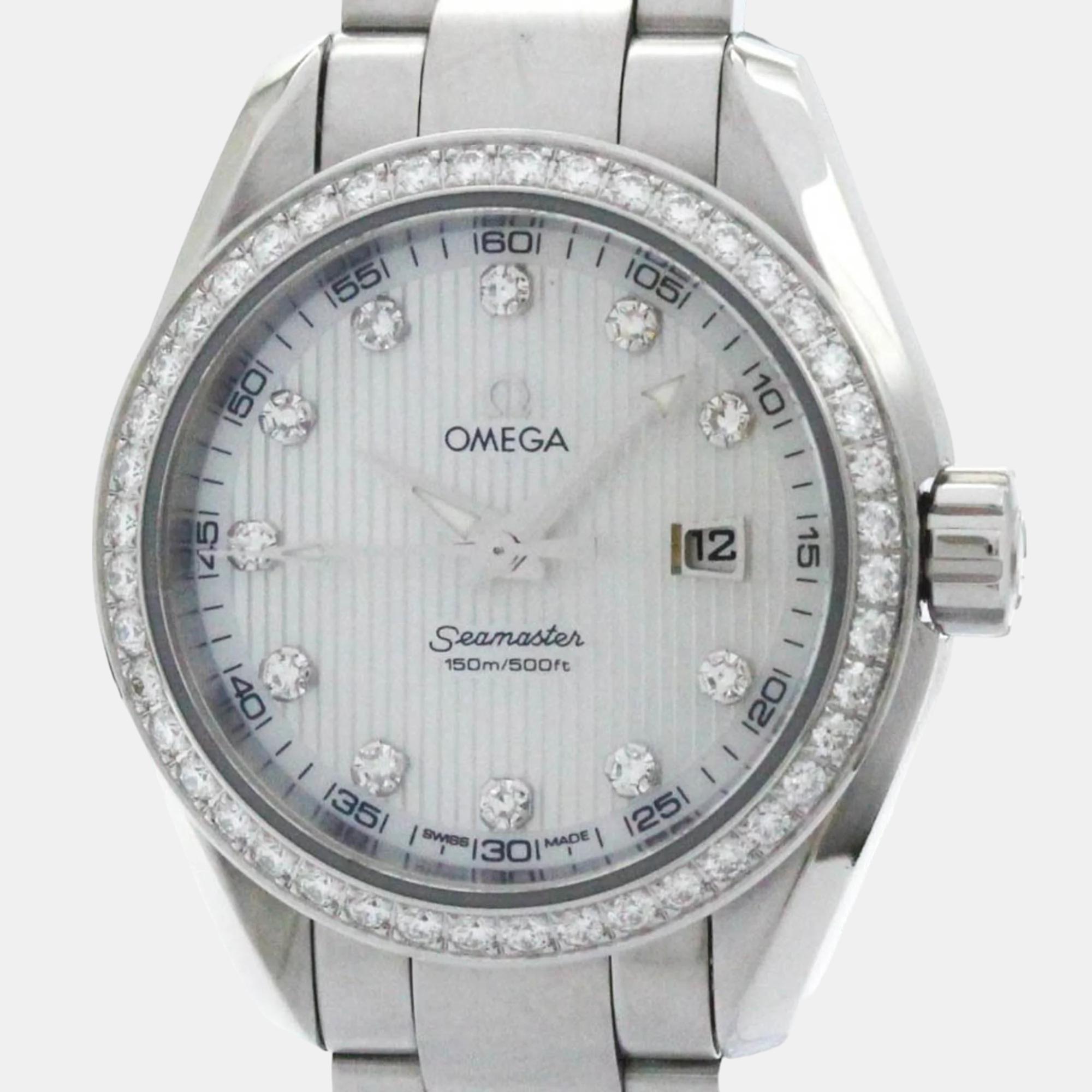 

Omega White Diamond Shell Stainless Steel Seamaster Aqua Terra Quartz Women's Wristwatch 30 mm