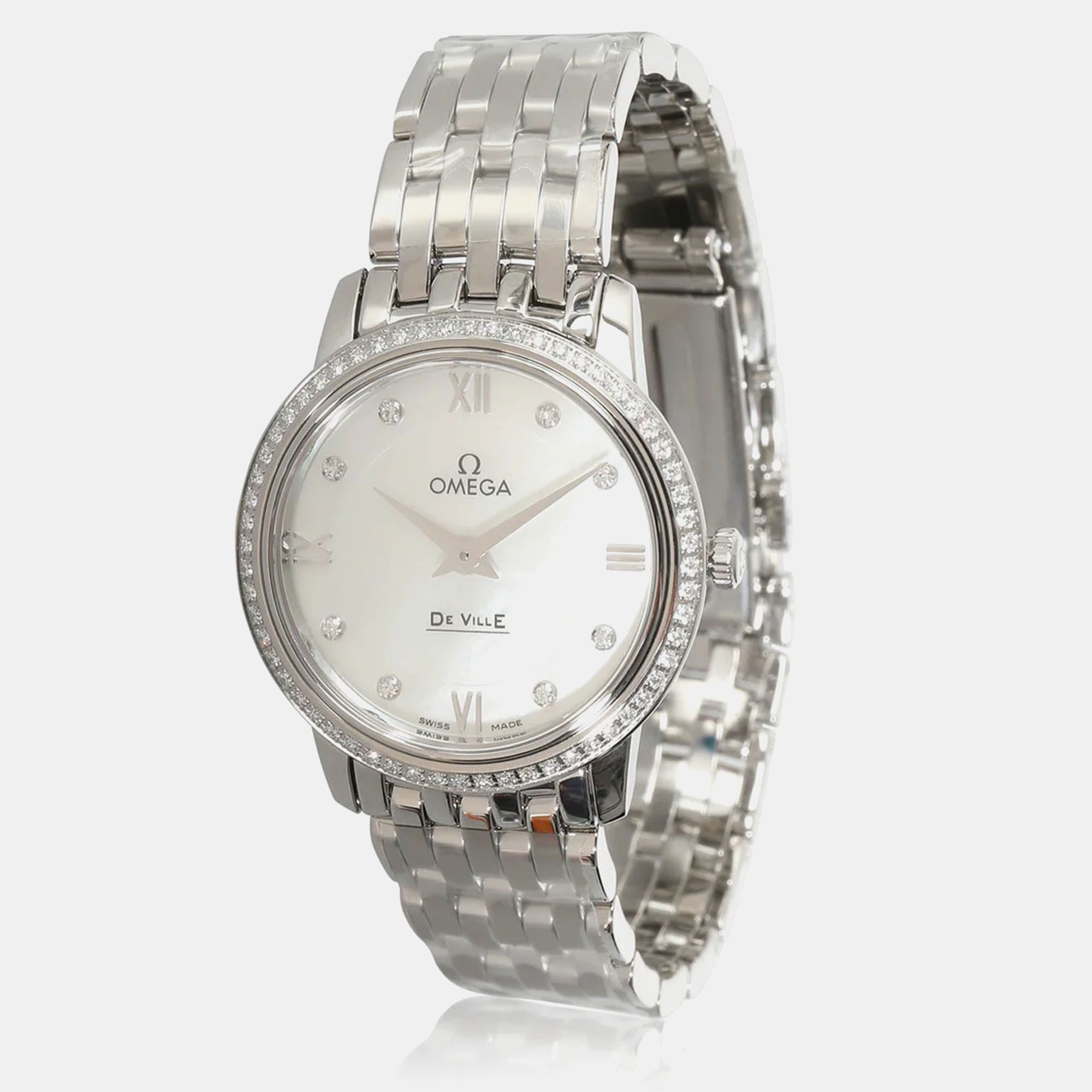 Pre-owned Omega White Diamond Stainless Steel De Ville Prestige 424.15.27.60.55.001 Quartz Women's Wristwatch 27 Mm