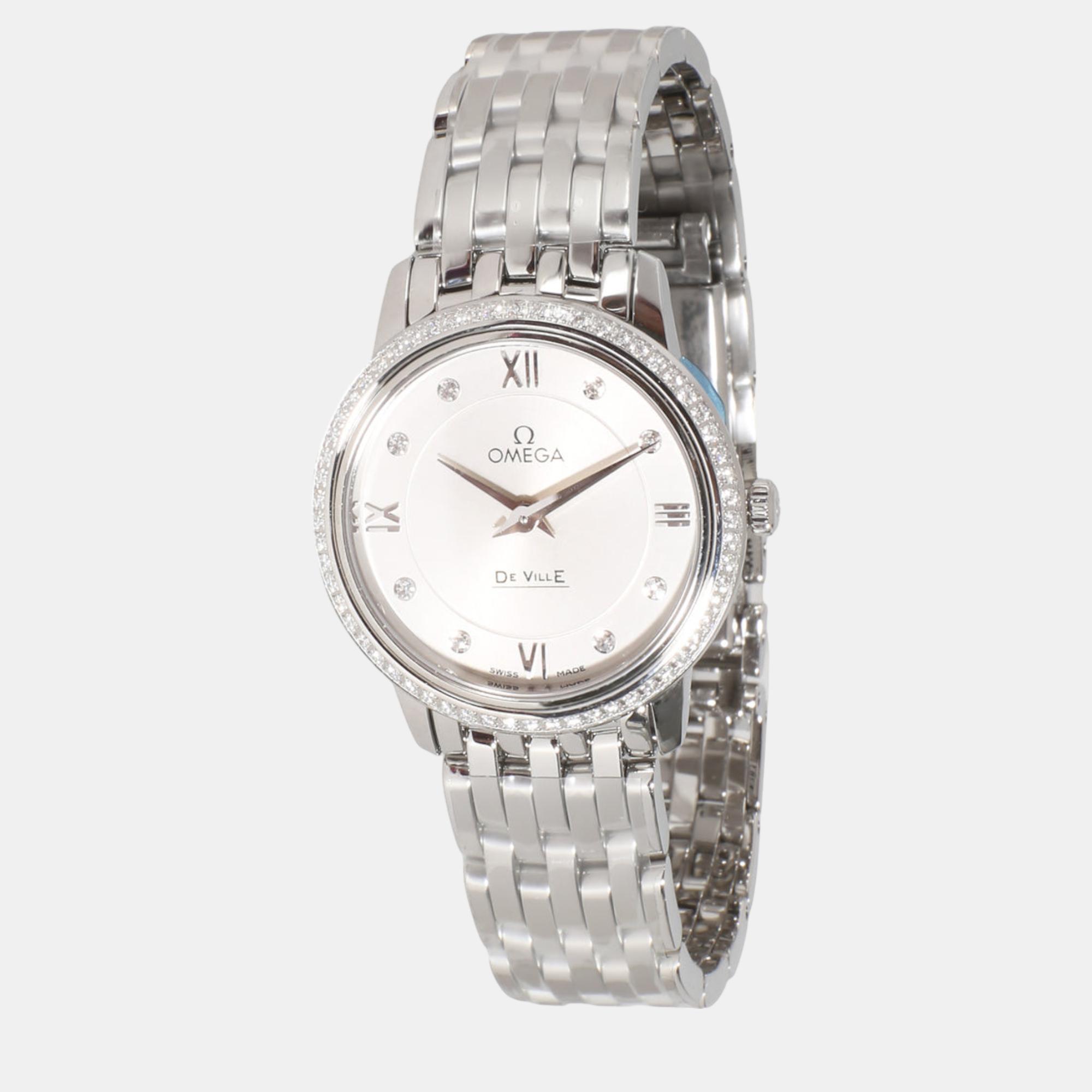 

Omega Silver Diamond Stainless Steel DeVille Prestige 424.15.27.60.52.001Quartz Women's Wristwatch 27 mm