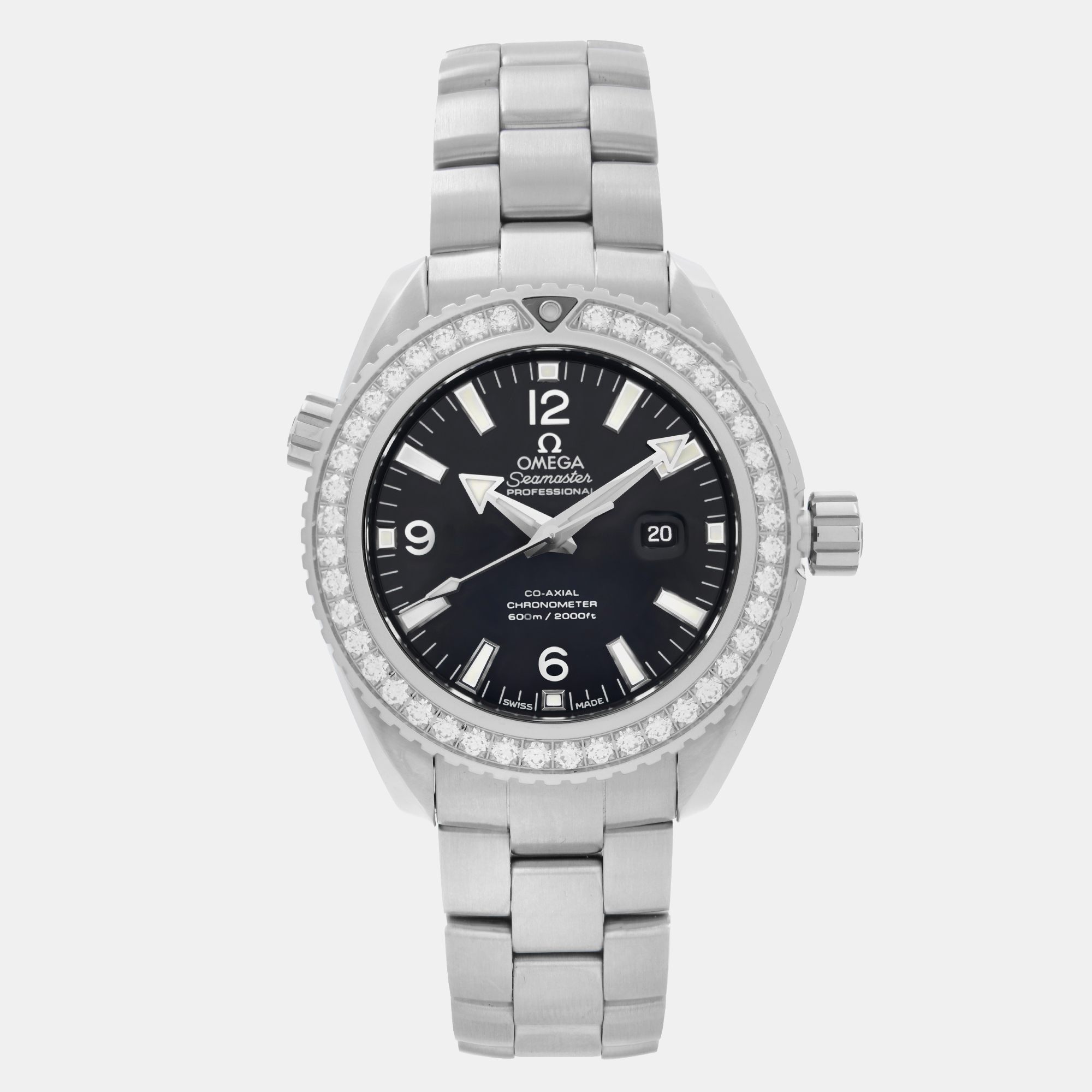 

Omega Black Stainless Steel Diamond Seamaster Planet Ocean 232.15.38.20.01.001 Automatic Women's Wristwatch