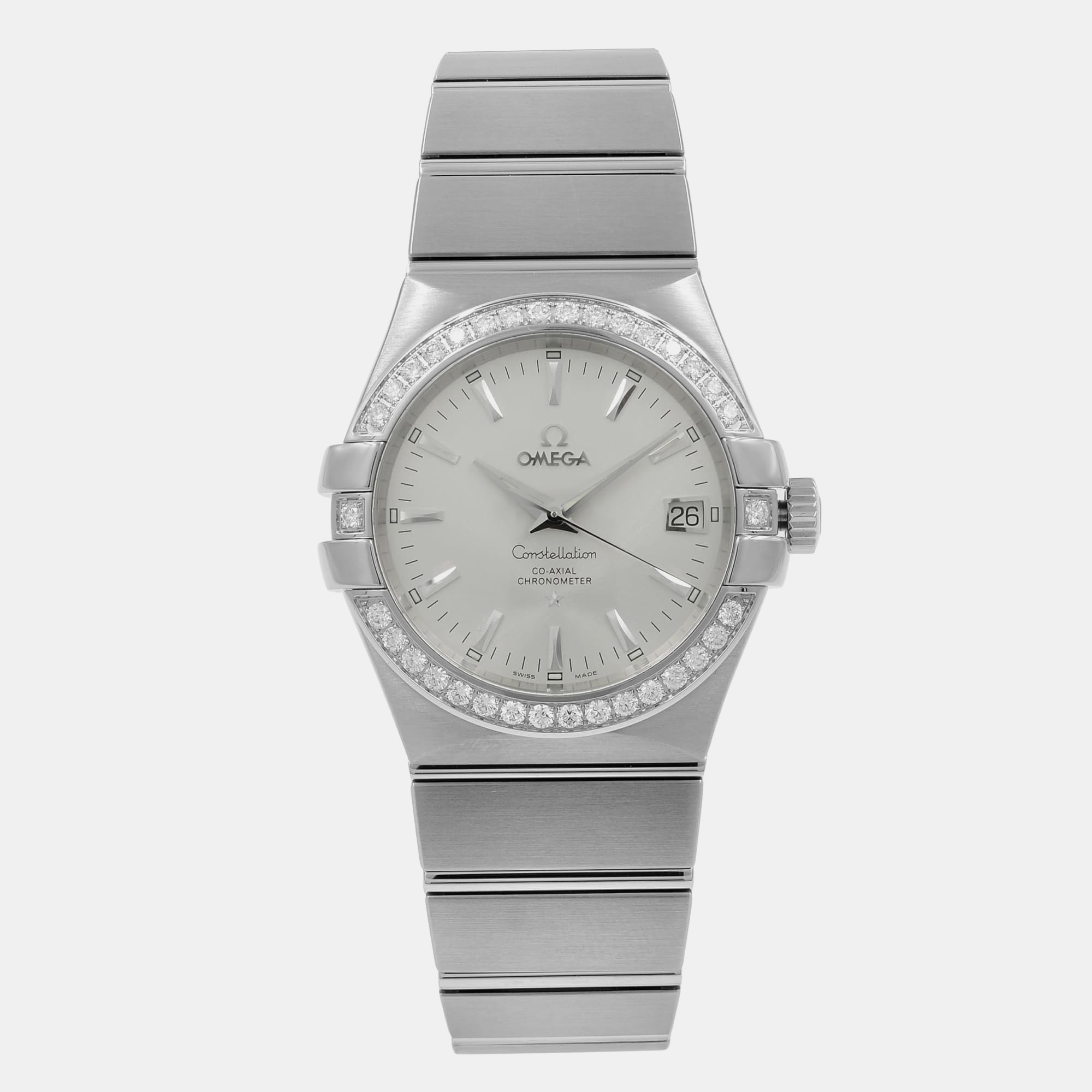 

Omega Silver Diamond Stainless Steel Constellation 123.15.35.20.02.001 Automatic Women's Wristwatch 35 mm, White