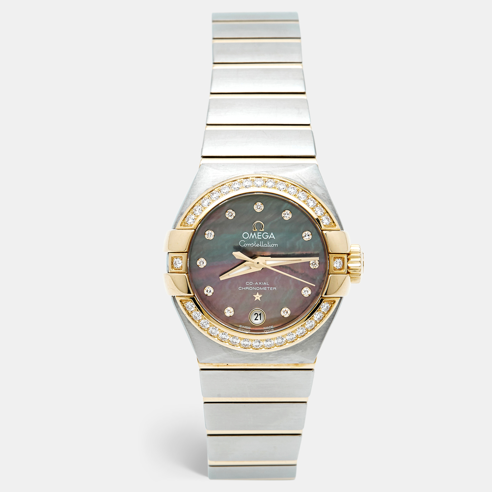 Pre-owned Omega Constellation 123.28.27.20.57.007 Tahiti Grey Mother Of Pearl Diamond Stainless Steel Women's Wristw In Multi