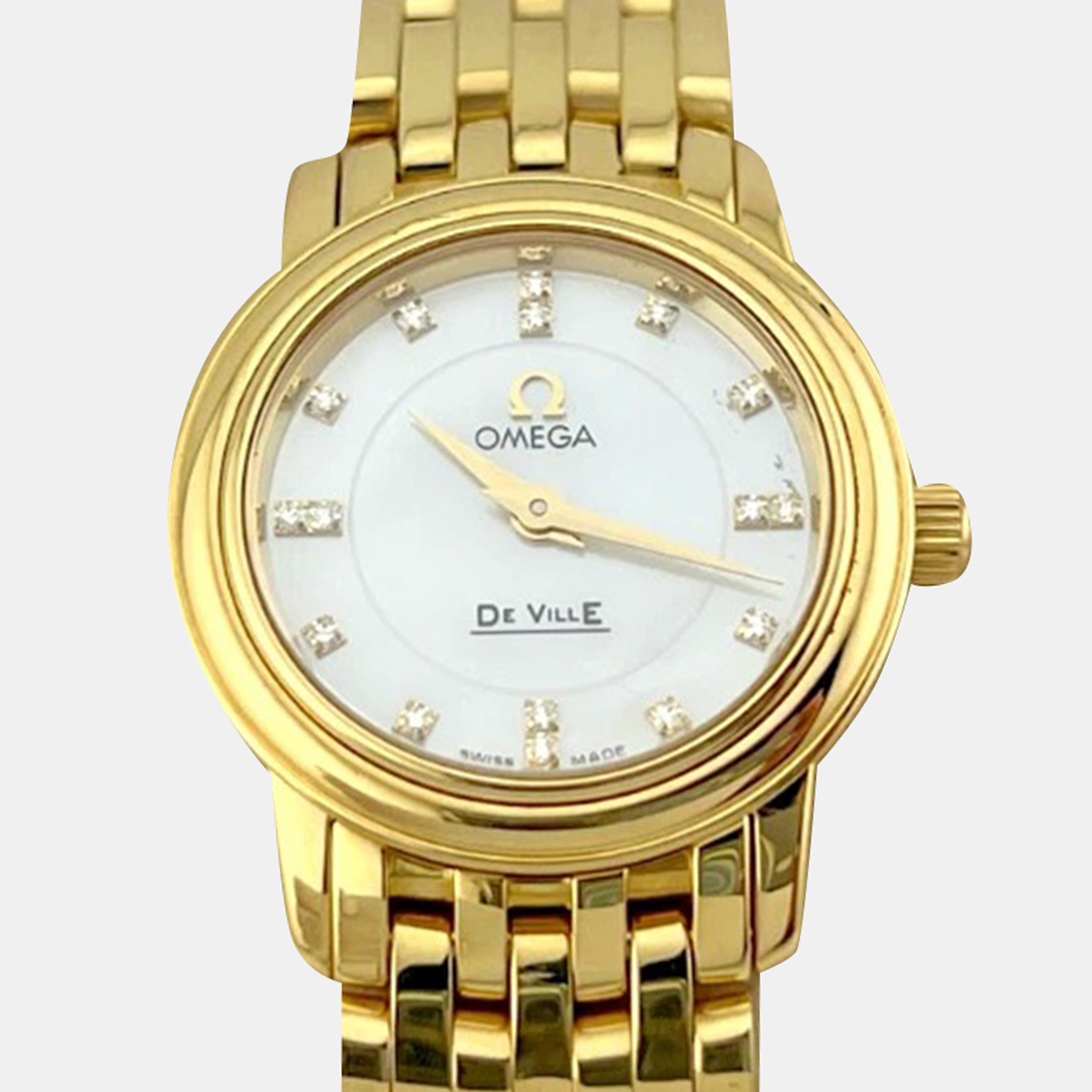 

Omega De Ville Prestige 41707600 Quartz Mother of Pearl Diamond 18K Yellow Gold Women's Wristwatch 22 mm, White