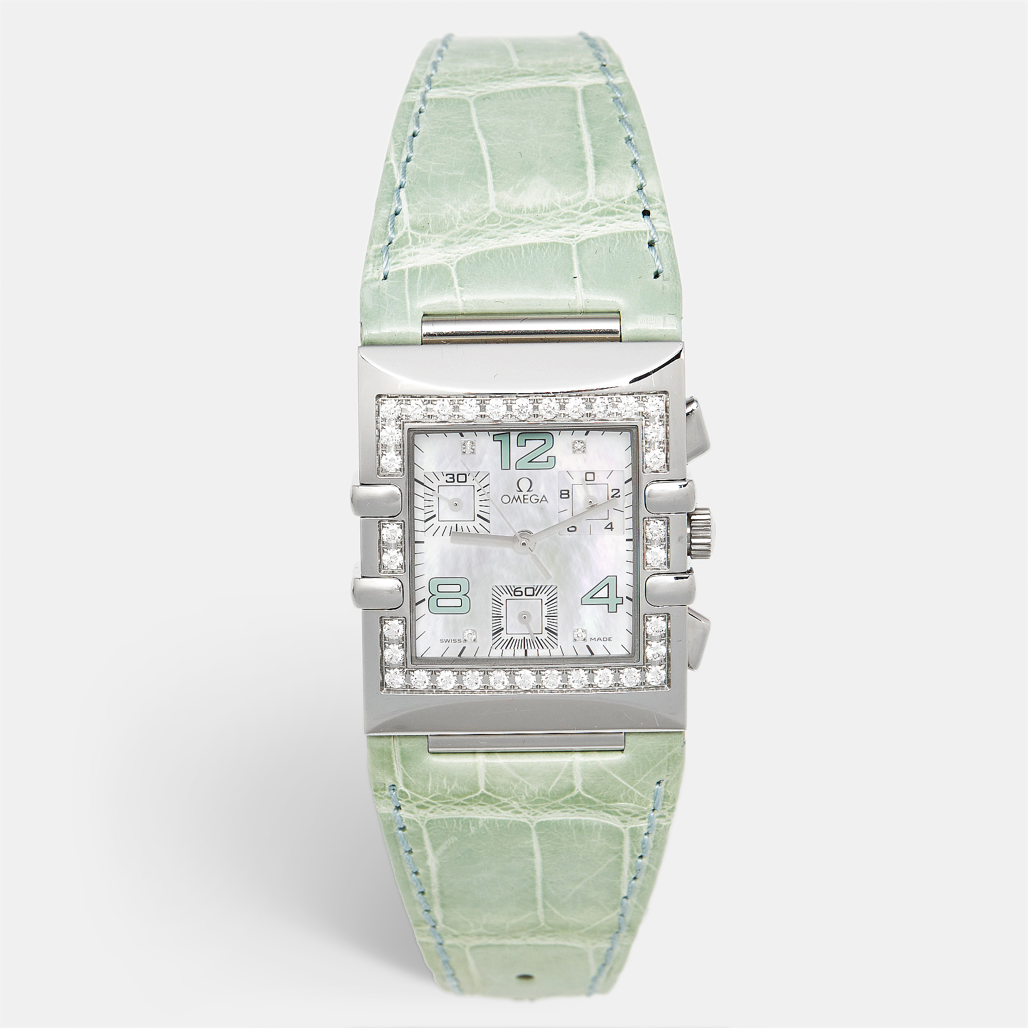 Omega Constellation 1847.74.41 Mother Of Pearl Diamond Stainless Steel Alligator Leather Women’s Wristwatch 28 mm