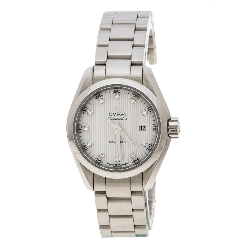 مملوكة مسبقًا Omega White Mother of Pearl Diamond Stainless Steel Seamaster Aqua Terra Women's Wristwatch 29 mm