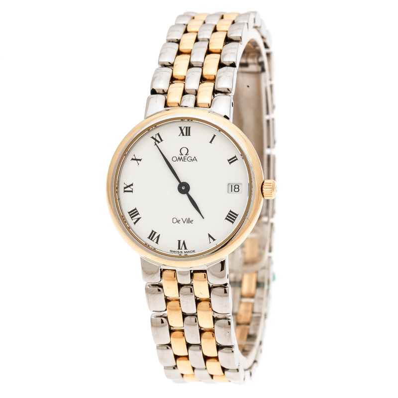 Omega White Yellow Gold Stainless Steel Vintage De Ville 796.2579 Women's Wristwatch 25 mm
