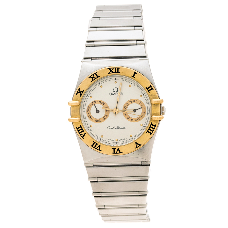 Omega Cream 18K Yellow Gold Stainless Steel Constellation 396.1070 Unisex Wristwatch 33 mm