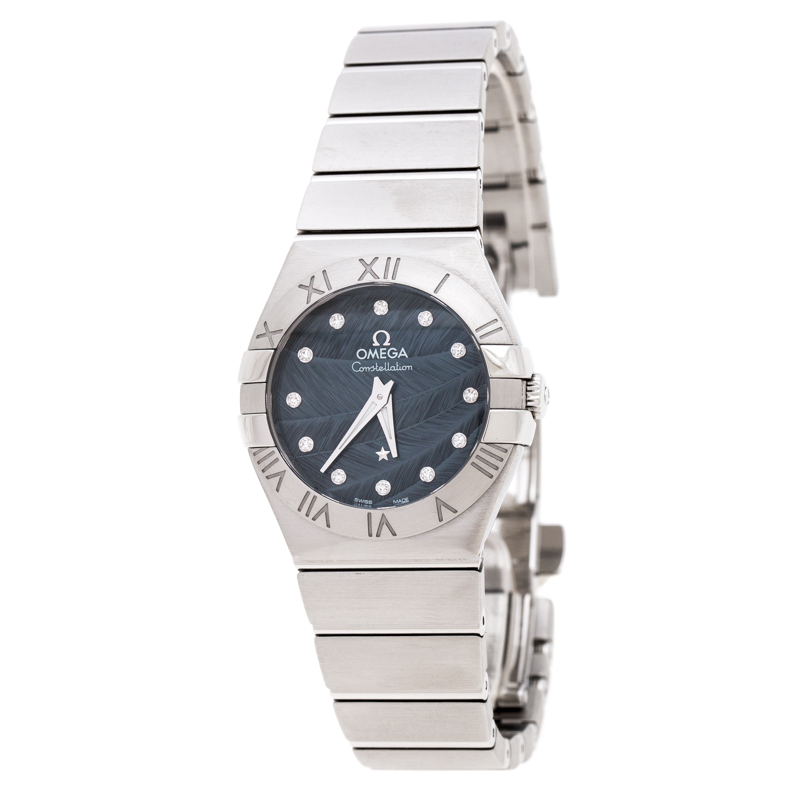 Omega Blue Grey Stainless Steel Diamonds Constellation 123.10.27.60.53.001 Women's Wristwatch 27 mm
