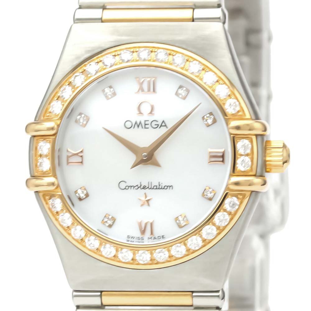 Pre-owned Omega Mop Diamonds 18k Rose Gold And Stainless Steel Constellation 1360.76 Quartz Women's Wristwatch 22 Mm In White