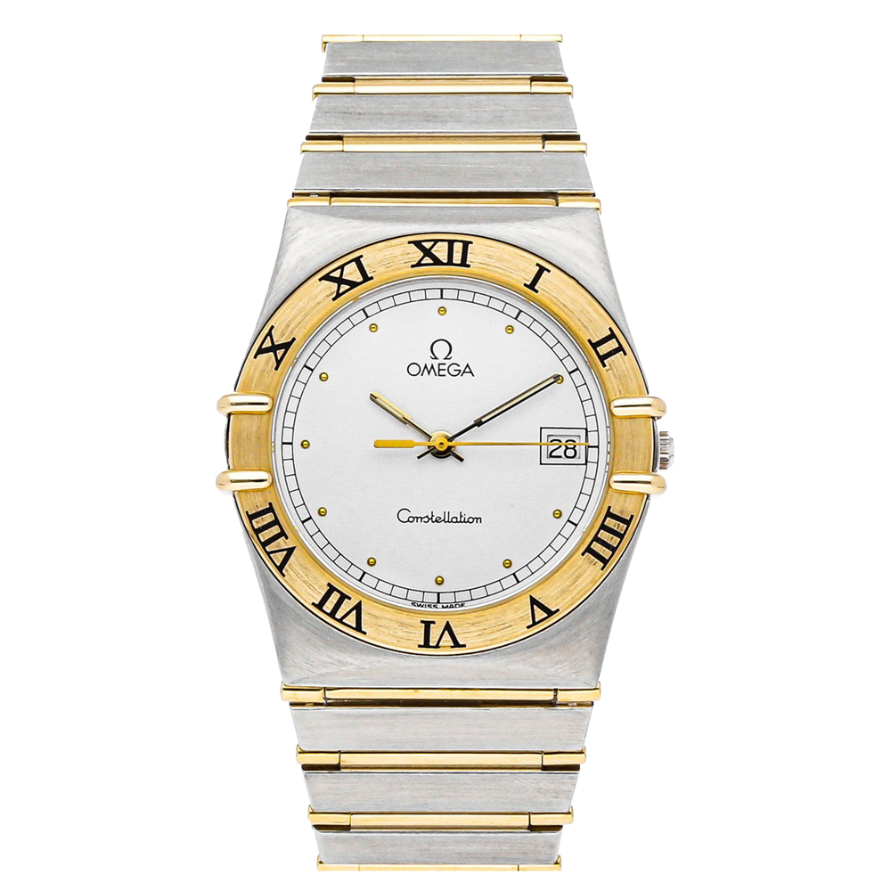 Pre-owned Omega Silver 18k Yellow Gold And Stainless Steel Constellation Date 396.1080 Women's Wristwatch 32 Mm
