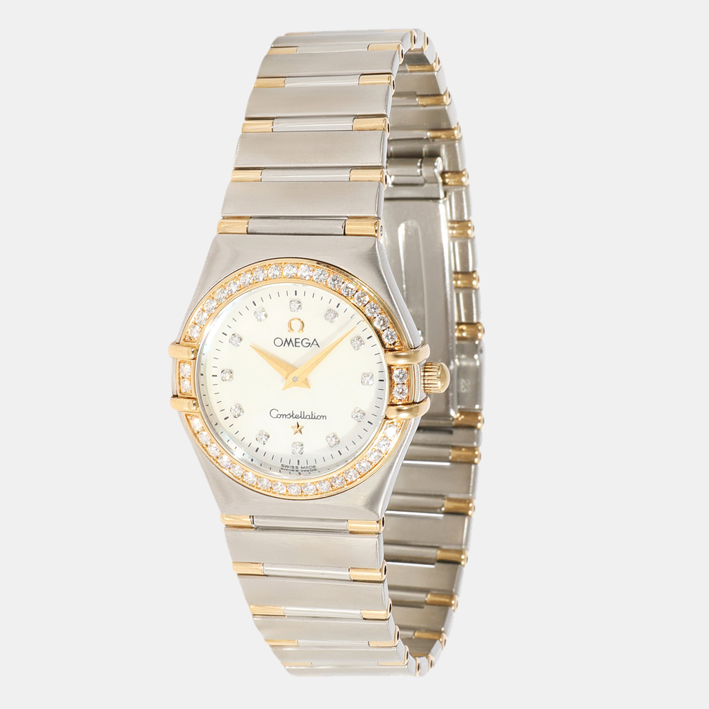 Pre Owned Omega White Diamonds 18K Yellow Gold And Stainless Steel Constellation Women's Wristwatch 25 mm