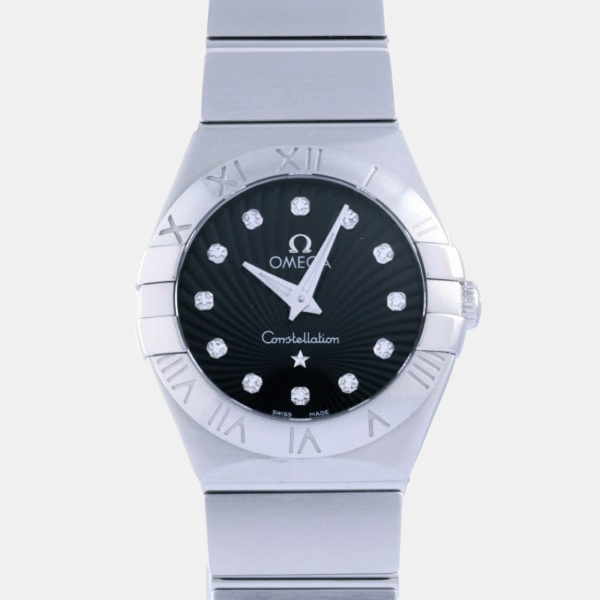 Pre-owned Omega Black Diamond Stainless Steel Constellation 123.10.24.60.51.001 Quartz Women's Wristwatch 24 Mm
