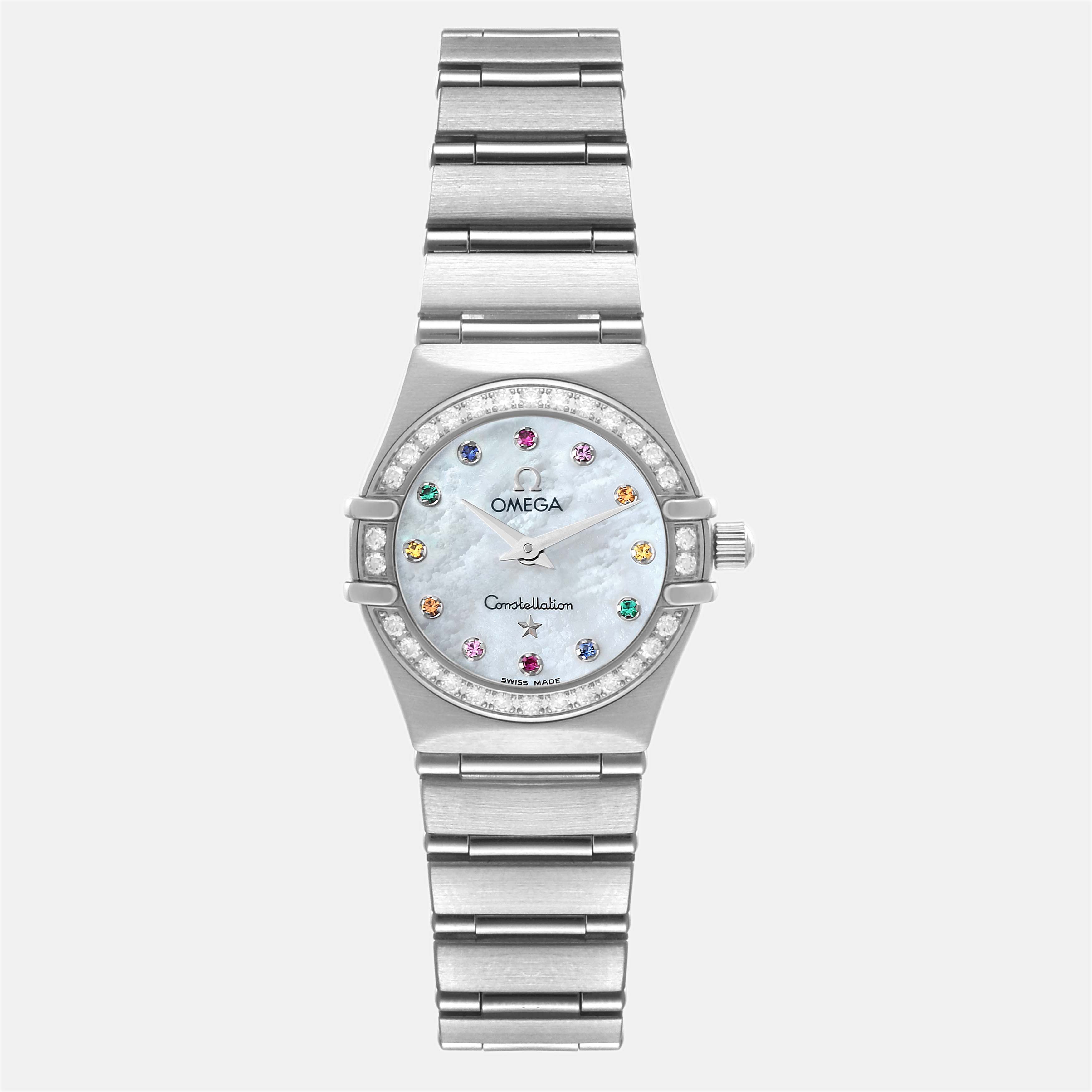 Pre-owned Omega White Shell Diamond Stainless Steel Constellation 1460.79.00 Quartz Women's Wristwatch 22.5 Mm