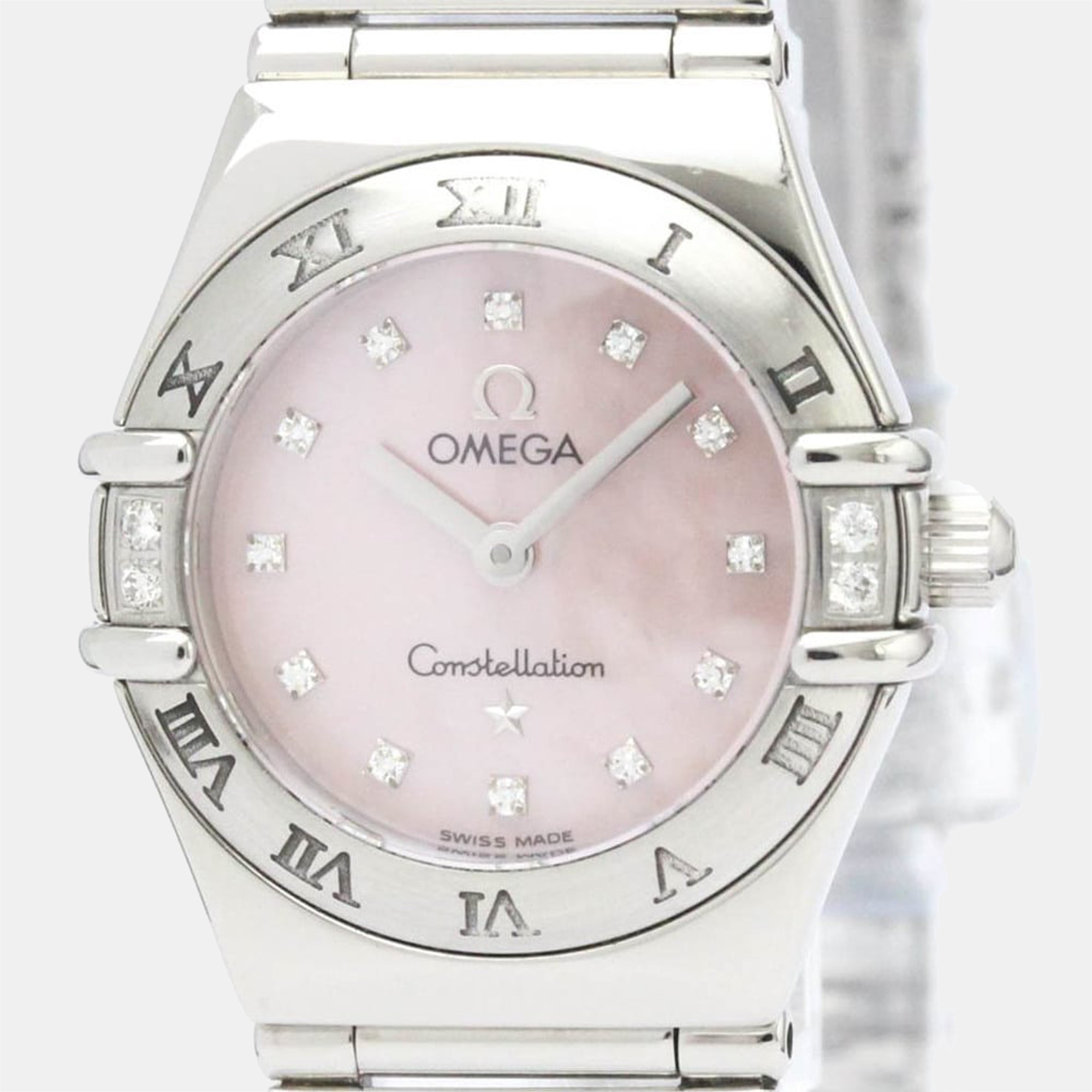 Pre-owned Omega Pink Mop Stainless Steel Diamonds Constellation 1566.66 Quartz Women's Wristwatch 22 Mm