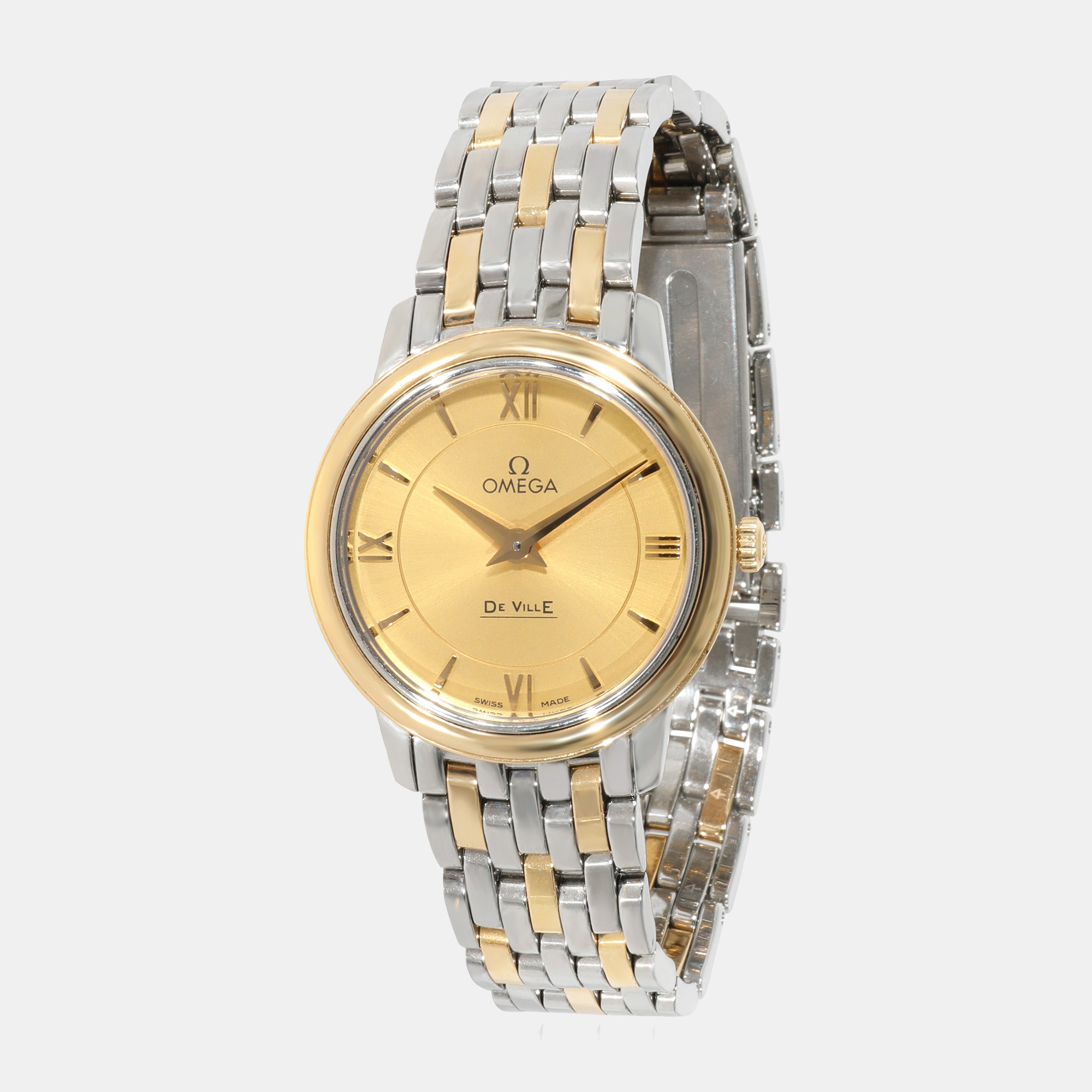 Pre-owned Omega Champagne 18k Yellow Gold And Stainless Steel De Ville Prestige 424.20.27.60.08.001 Women's Wristwat