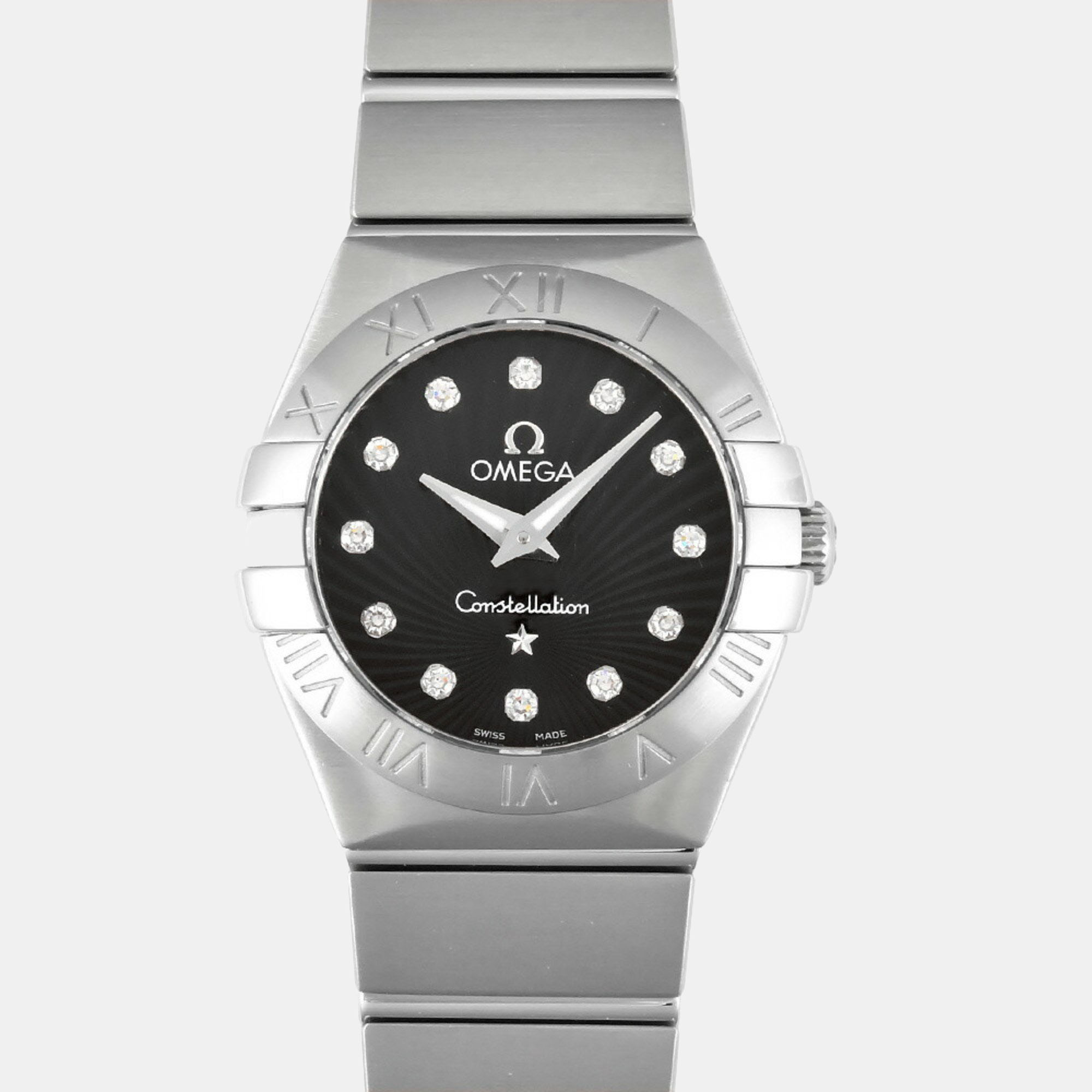 Pre-owned Omega Black Diamond Stainless Steel Constellation 123.10.24.60.51.001 Quartz Women's Wristwatch 24 Mm