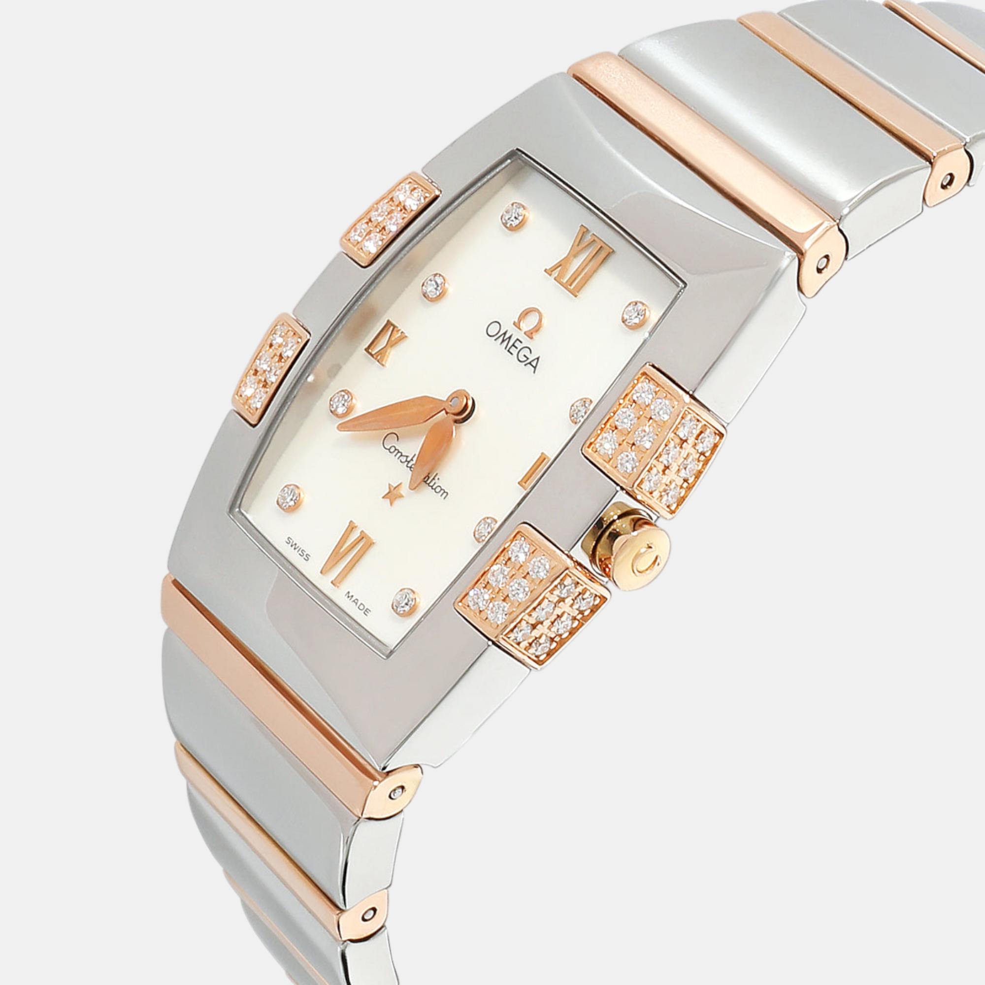 

Omega White Mother of Pearl 18k Rose Gold And Stainless Steel Constellation Quadrella 1286.75 Quartz Women's Wristwatch 25 mm