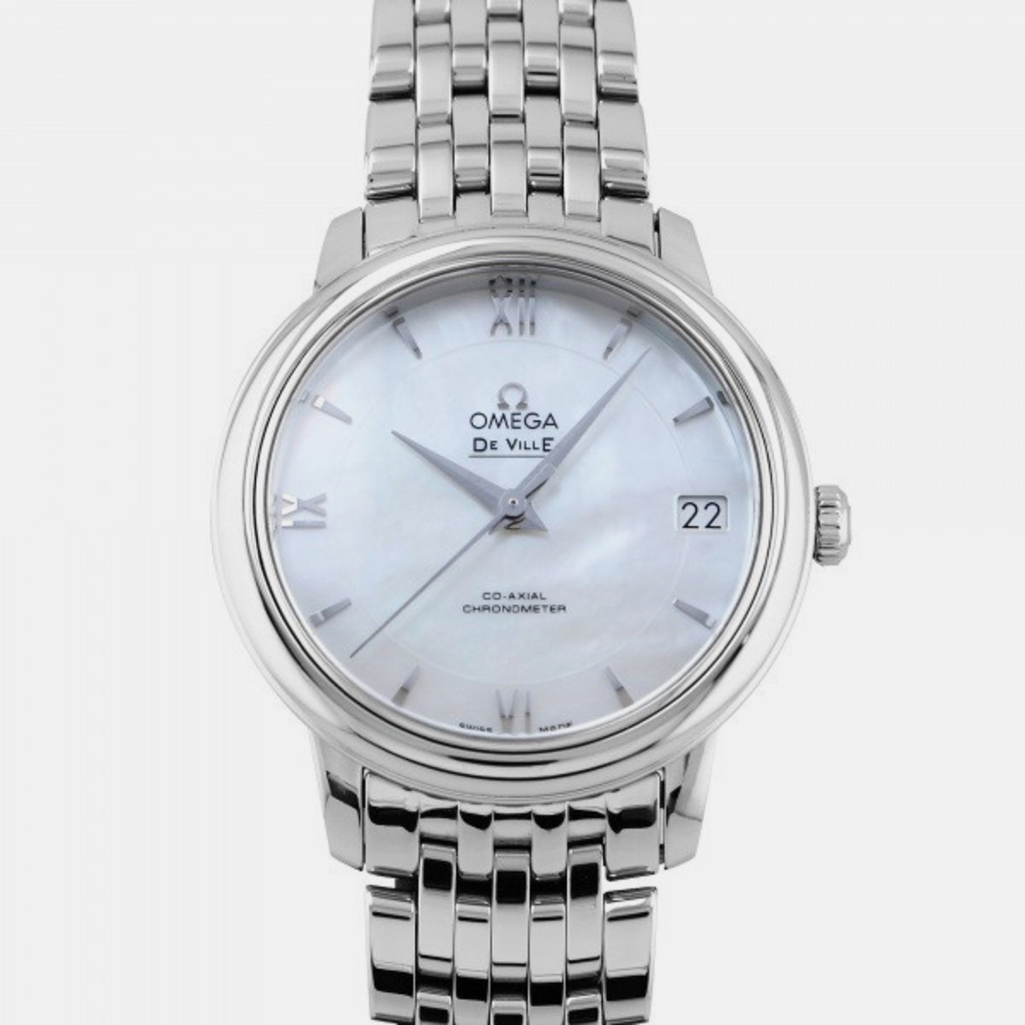 Pre-owned Omega White Stainless Steel De Ville Prestige 424.10.33.20.05.001 Automatic Women's Wristwatch 33 Mm