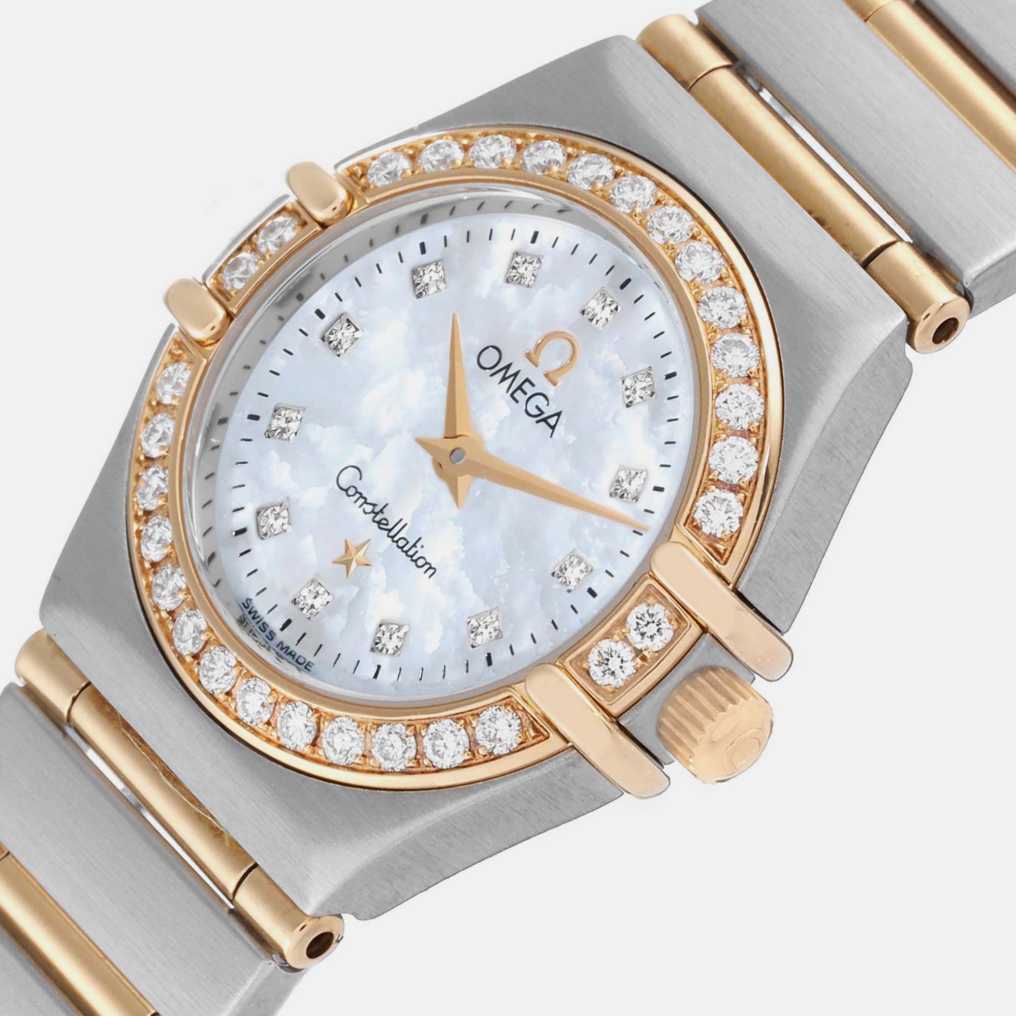 

Omega Mother Of Pearl Diamond 18k Yellow Gold And Stainless Steel Constellation 1267.75.00 Quartz Women's Wristwatch 22.5 mm, White