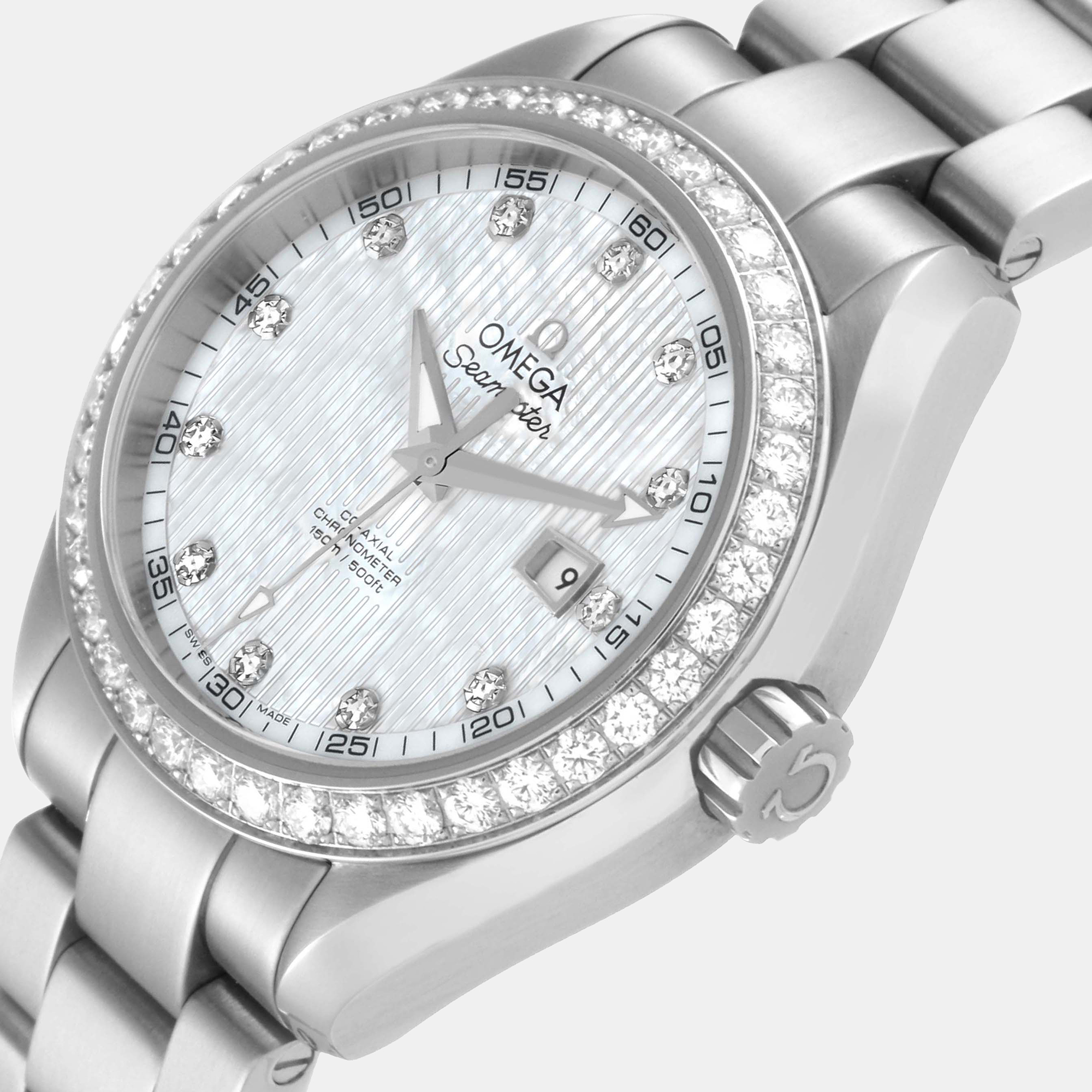 

Omega Silver Mother Of Pearl Diamond Stainless Steel Aqua Terra 231.15.34.20.55.001 Automatic Women's Wristwatch 34 mm