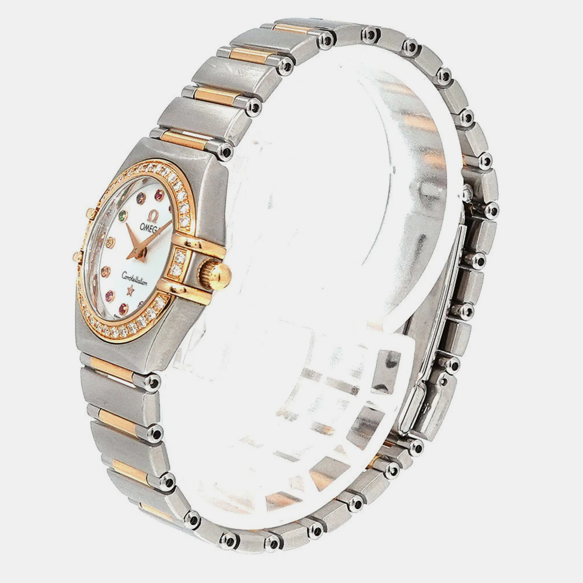 

Omega White Shell Diamond 18k Rose Gold And Stainless Steel Constellation 1360.79 Quartz Women's Wristwatch 22 mm