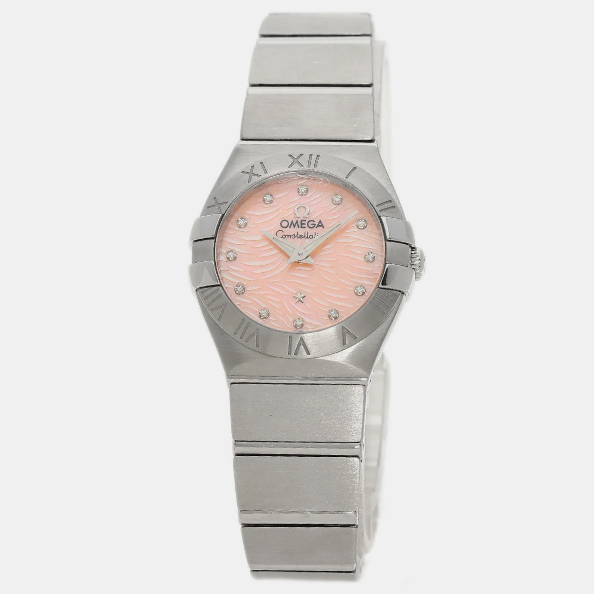 Pre-owned Omega Pink Shell Diamond Stainless Steel Constellation 123.10.24.60.57.002 Quartz Women's Wristwatch 25 Mm