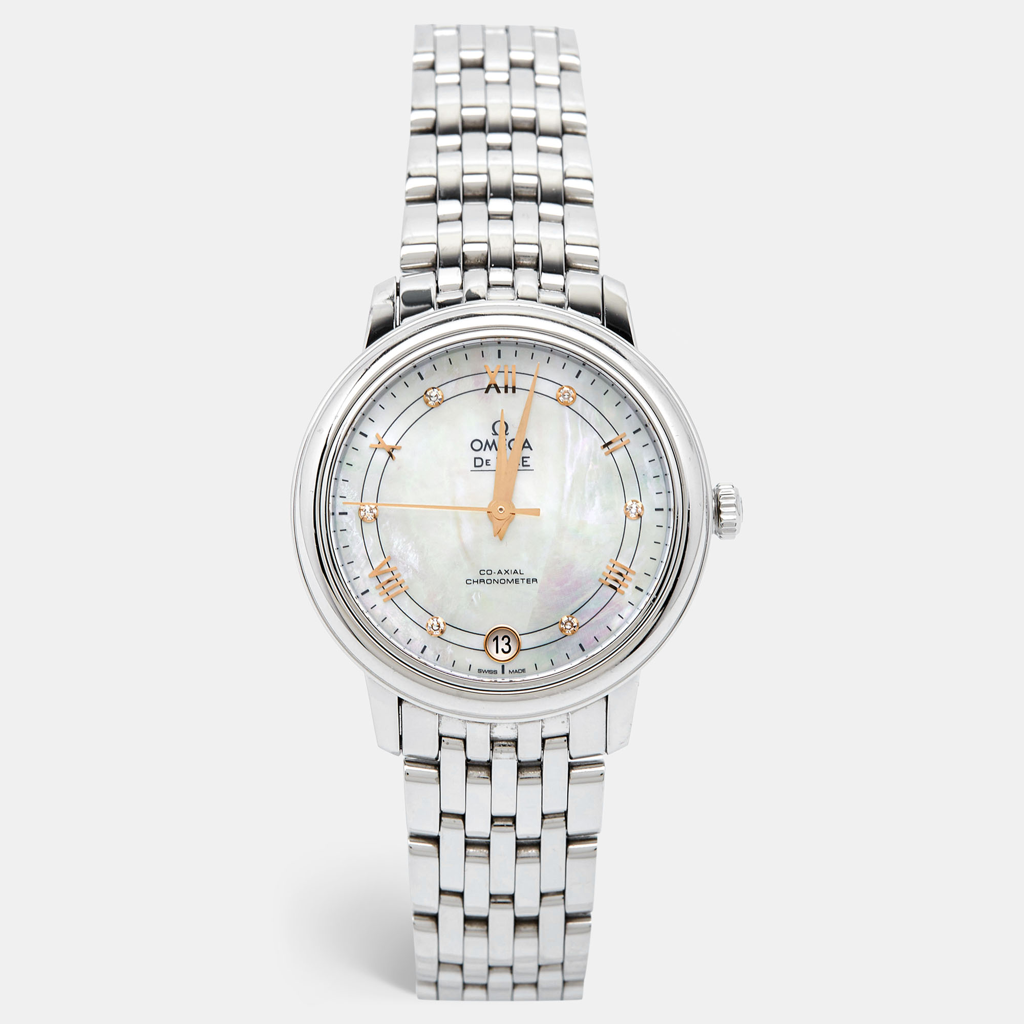 

Omega Mother Of Pearl Diamond Stainless Steel De Ville Prestige Co-Axial Chronometer, Silver