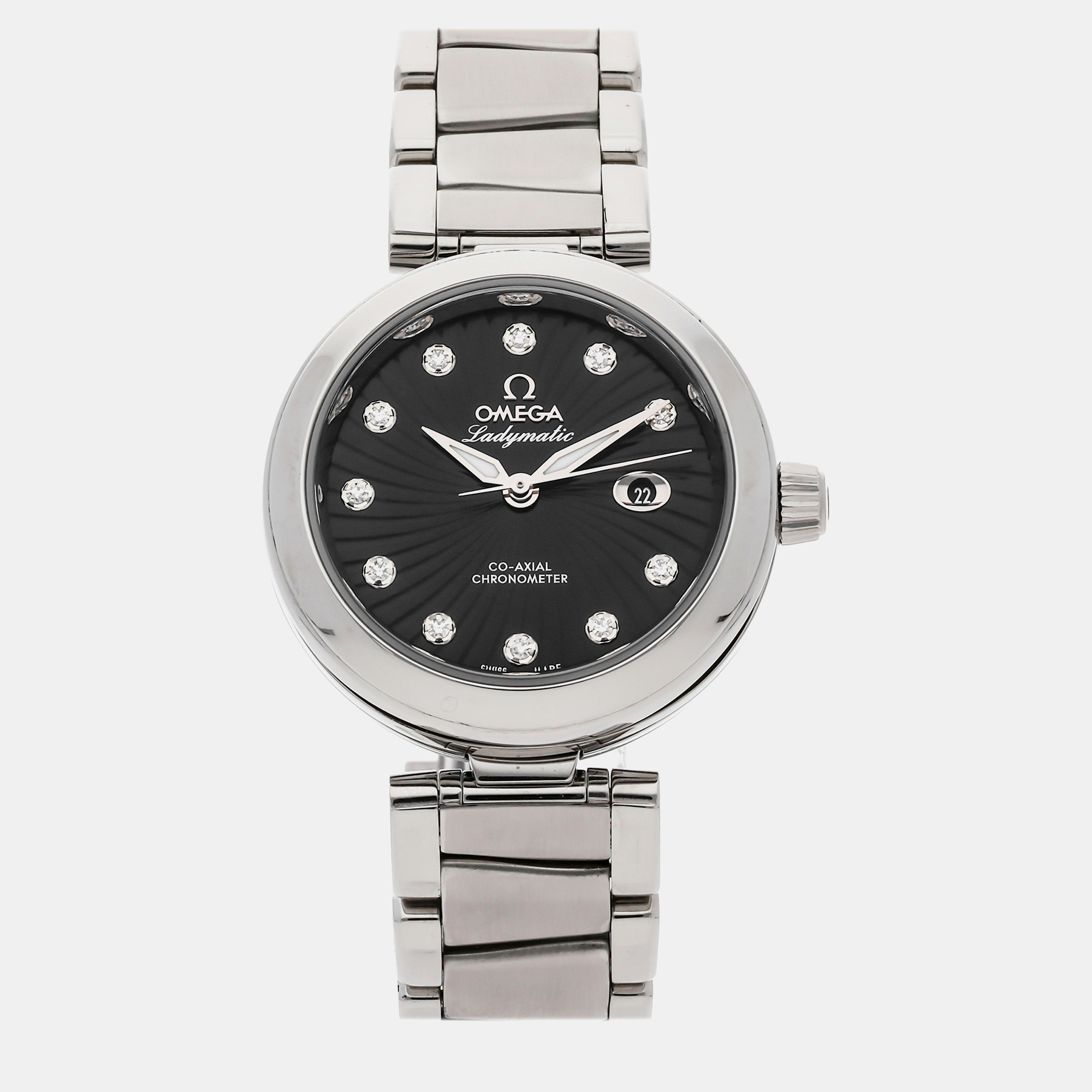 Pre-owned Omega Black Stainless Steel Diamond De Ville Ladymatic 425.30.34.20.51.001 Automatic Women's Wristwatch 34