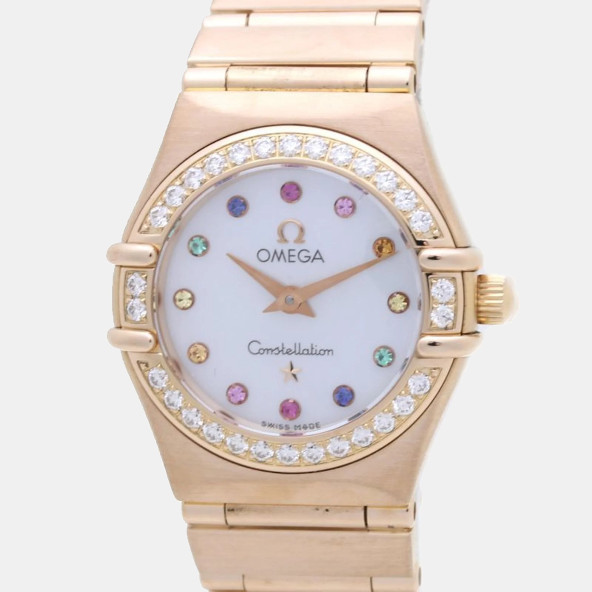 Pre-owned Omega White 18k Rose Gold Diamond Constellation 1160.79.00 Quartz Women's Wristwatch 22 Mm