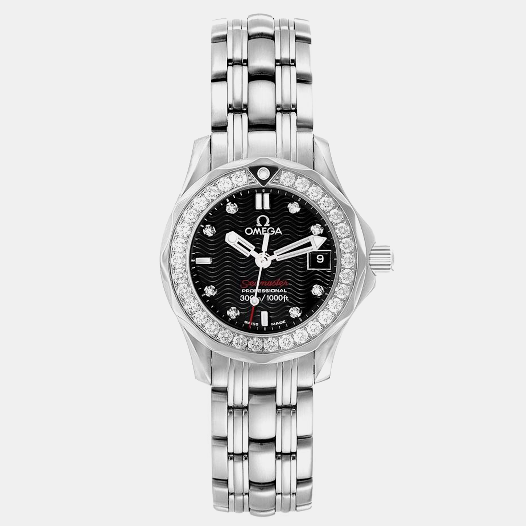 Pre-owned Omega Black Diamond Stainless Steel Seamaster 212.15.28.61.51.001 Quartz Women's Wristwatch 28 Mm