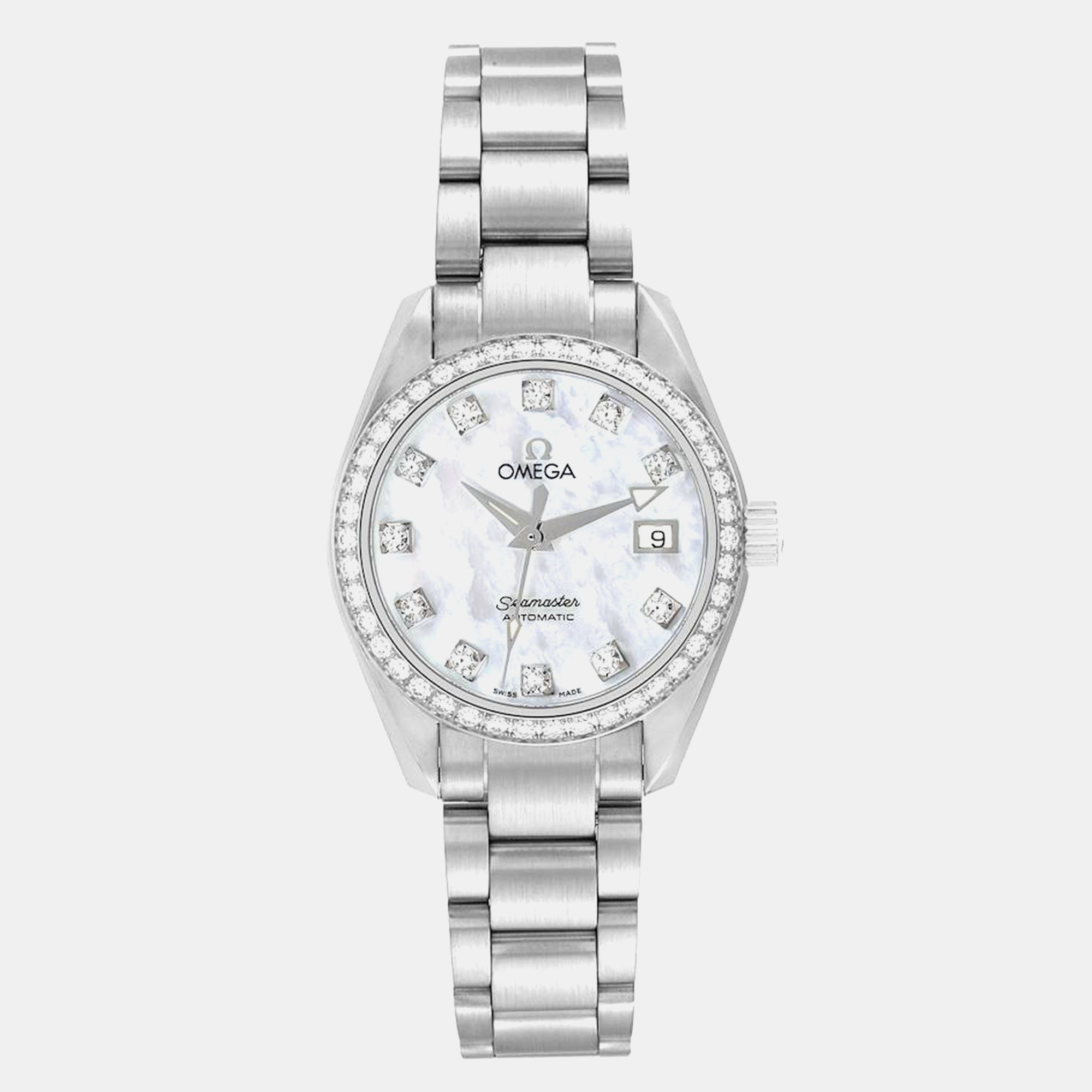 

Omega Mother Of Pearl Diamond Stainless Steel Seamaster Aqua Terra 2565.75.00 Quartz Women's Wristwatch 29 mm, Silver