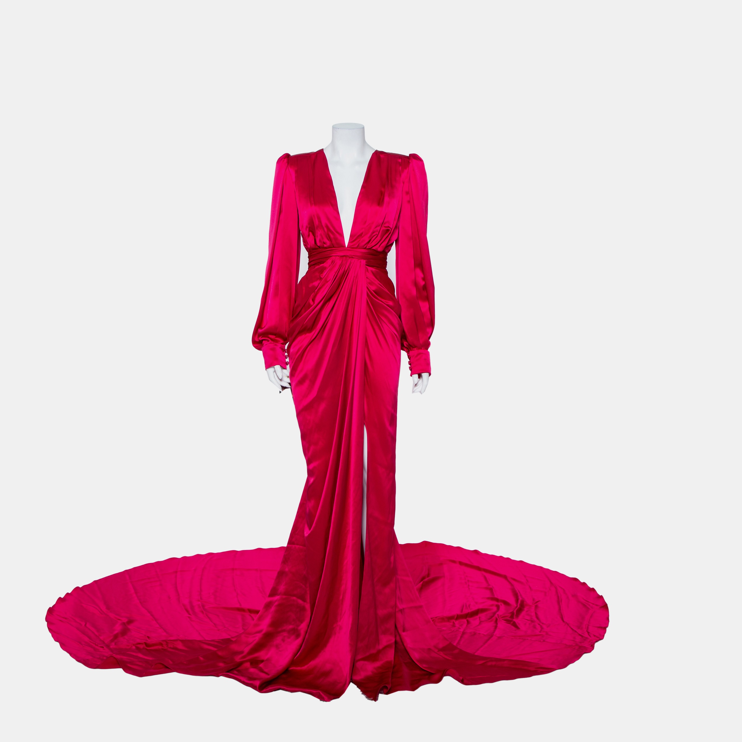 Pre-owned Ong-oaj Pairam Fuschia Pink Silk Satin Plunge Neck Trail Detail Angelica Gown M