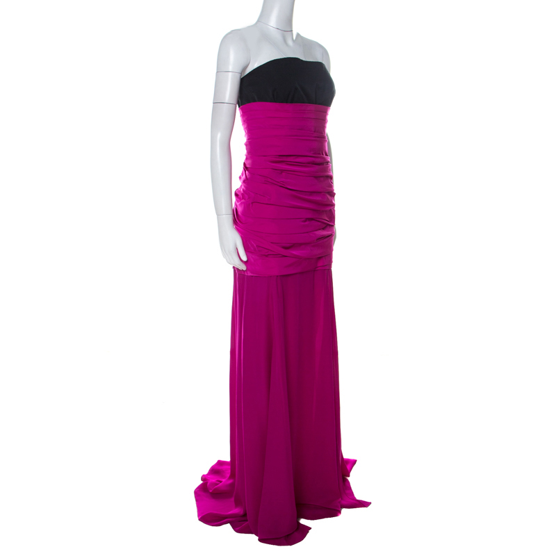 

Oscar de la Renta Magenta Pink Silk Ruched Drop Waist Corsetted Bodice Strapless Gown