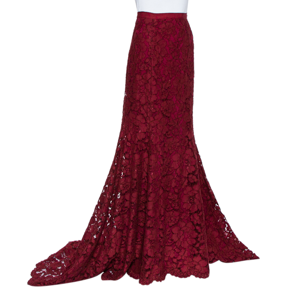 

Oscar de la Renta Burgundy Lace Asymmetric Hem Maxi Skirt