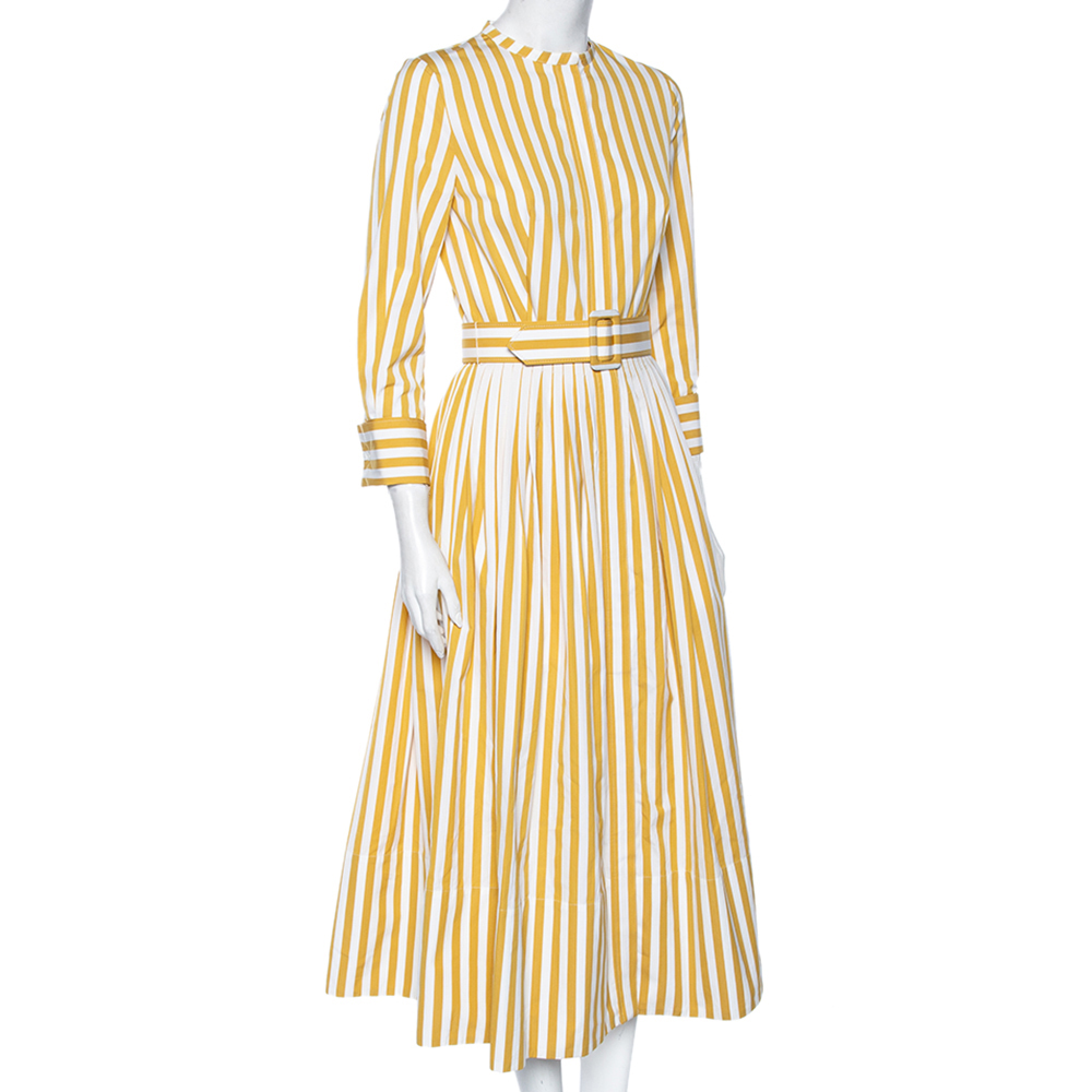 

Oscar de la Renta Yellow Striped Cotton Pleated Belted Maxi Dress
