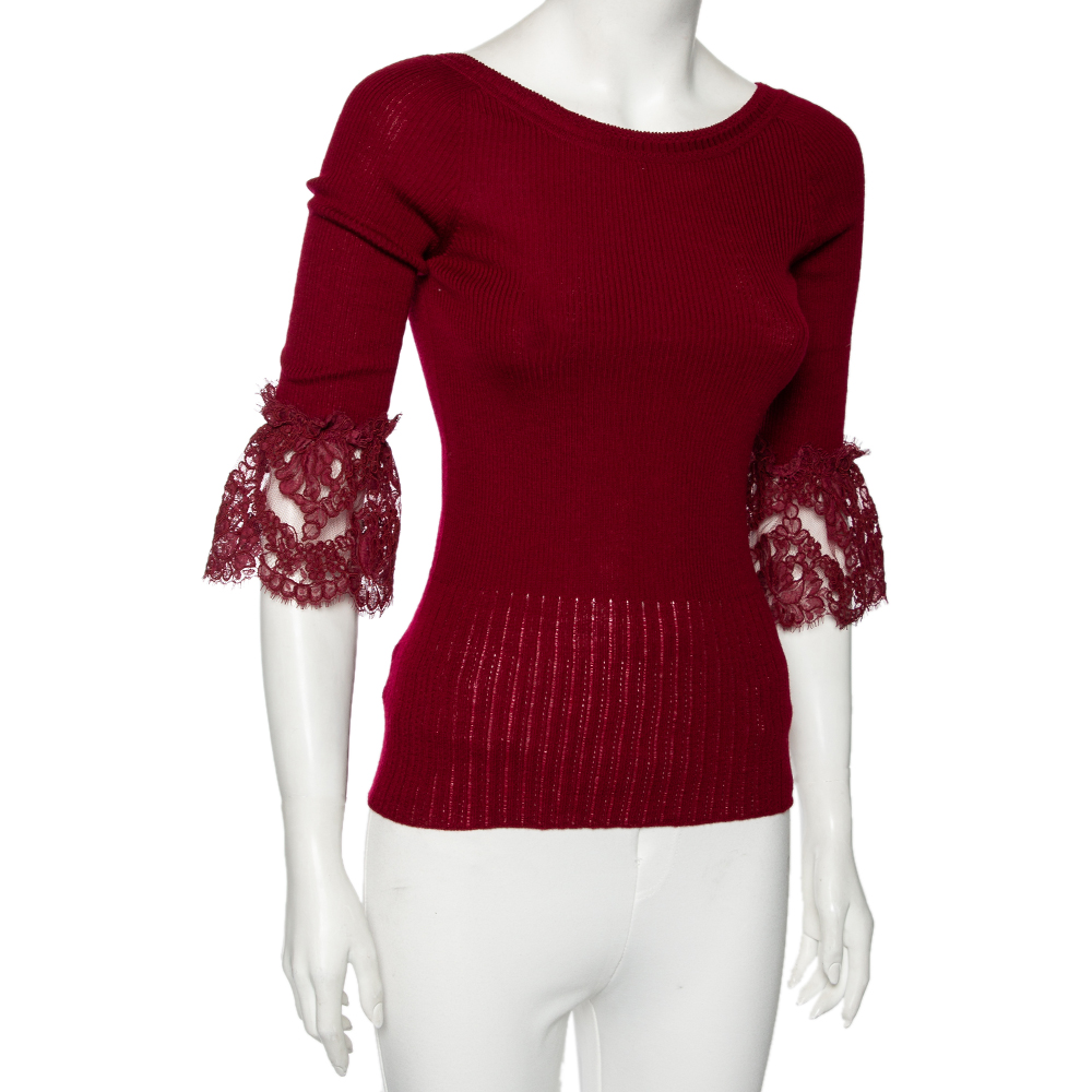 

Oscar de la Renta Red Merino Wool & Lace Trim Detailed Long Sleeve Top