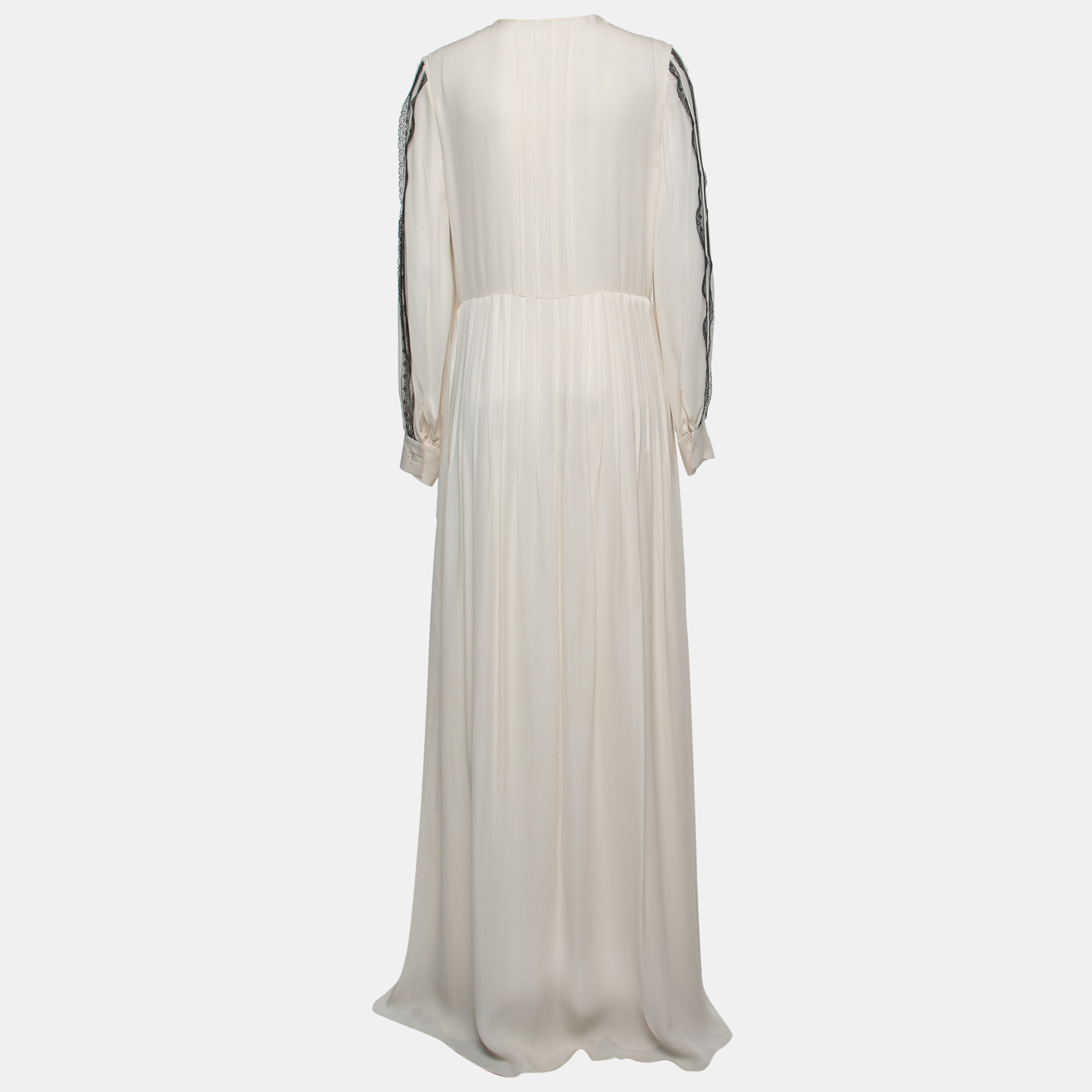 

Oscar de la Renta White Silk & Lace Trimmed Pleated Maxi Dress