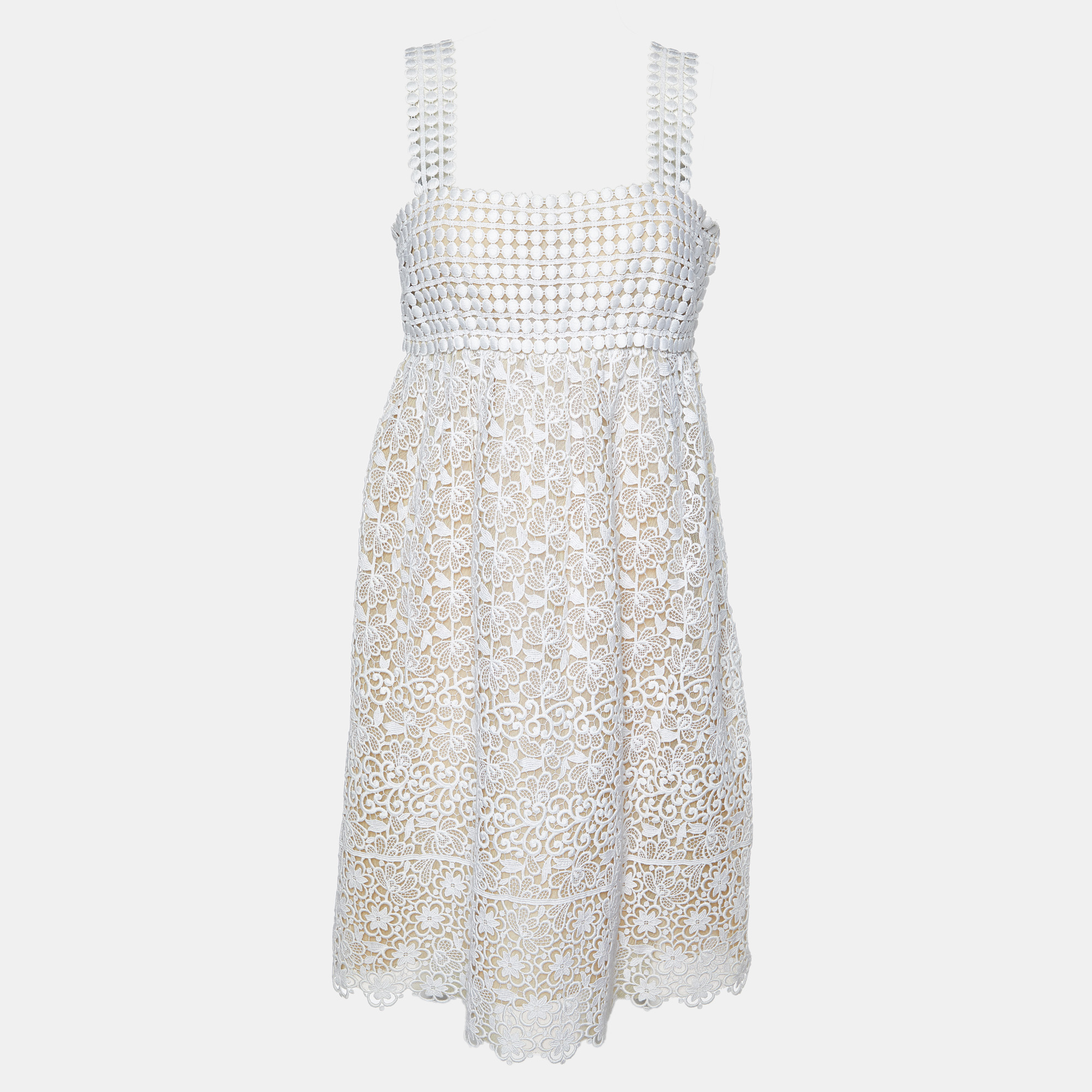 Pre-owned Oscar De La Renta Ivory Guipure Lace Tulle Sleeveless Dress L In White