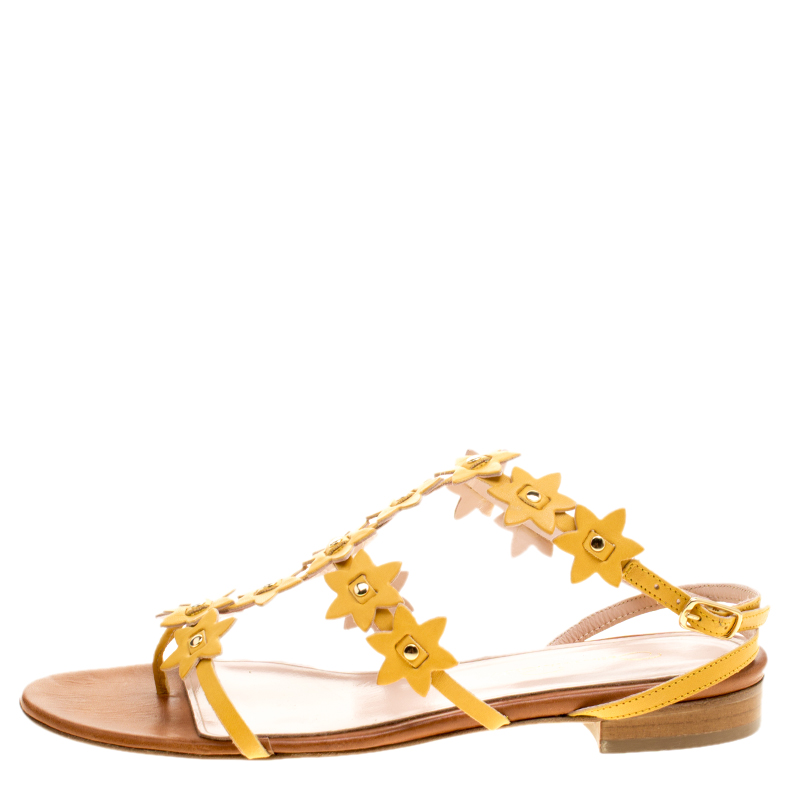 

Oscar de la Renta Yellow Floral Jenisa Ankle Strap Flat Sandals Size
