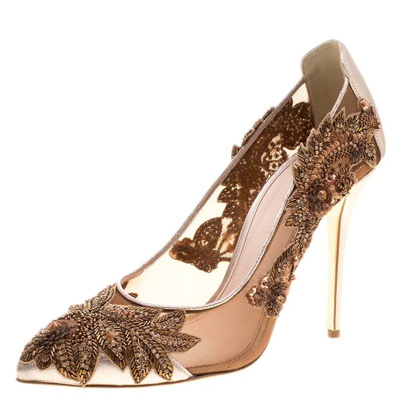 Oscar de la Renta Metallic Bronze Leather and Mesh Alyssa Embellished ...