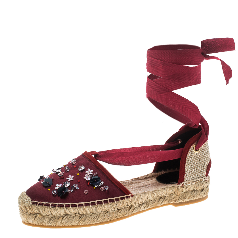 Pre Owned Oscar de la Renta Burgundy Satin Adriana Embellished Flat Espadrilles Size 39