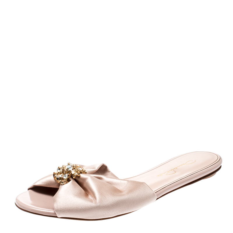 Pre Owned Oscar de la Renta Pink Satin Mia Crystal Embellished Flat Slides Size 38