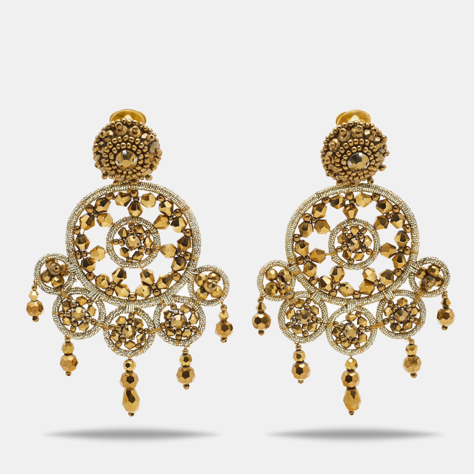 Pre-owned Oscar De La Renta Crystal Beads Gold Tone Earrings