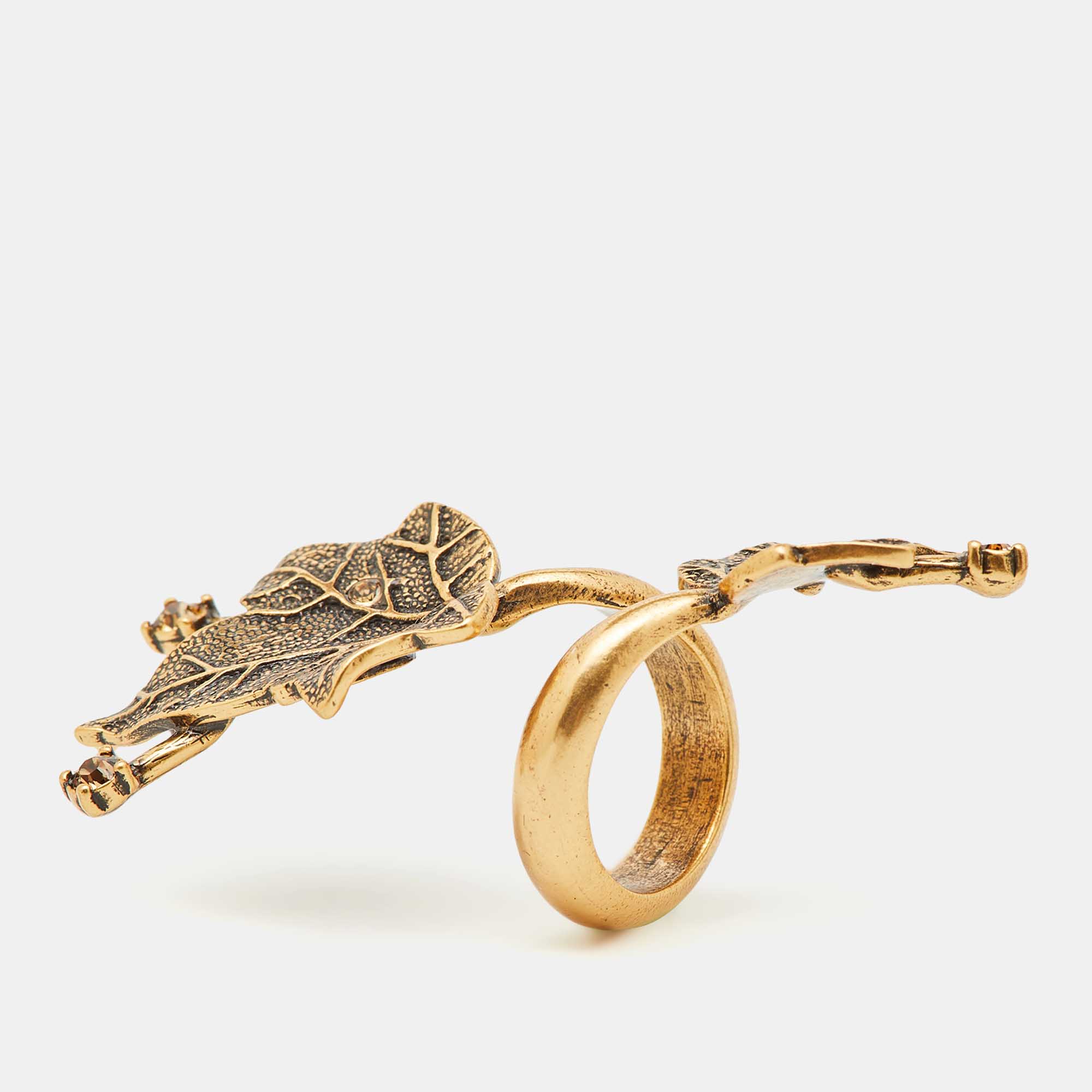 

Oscar de la Renta Crystal Gold tone Leaf Cocktail Ring Size