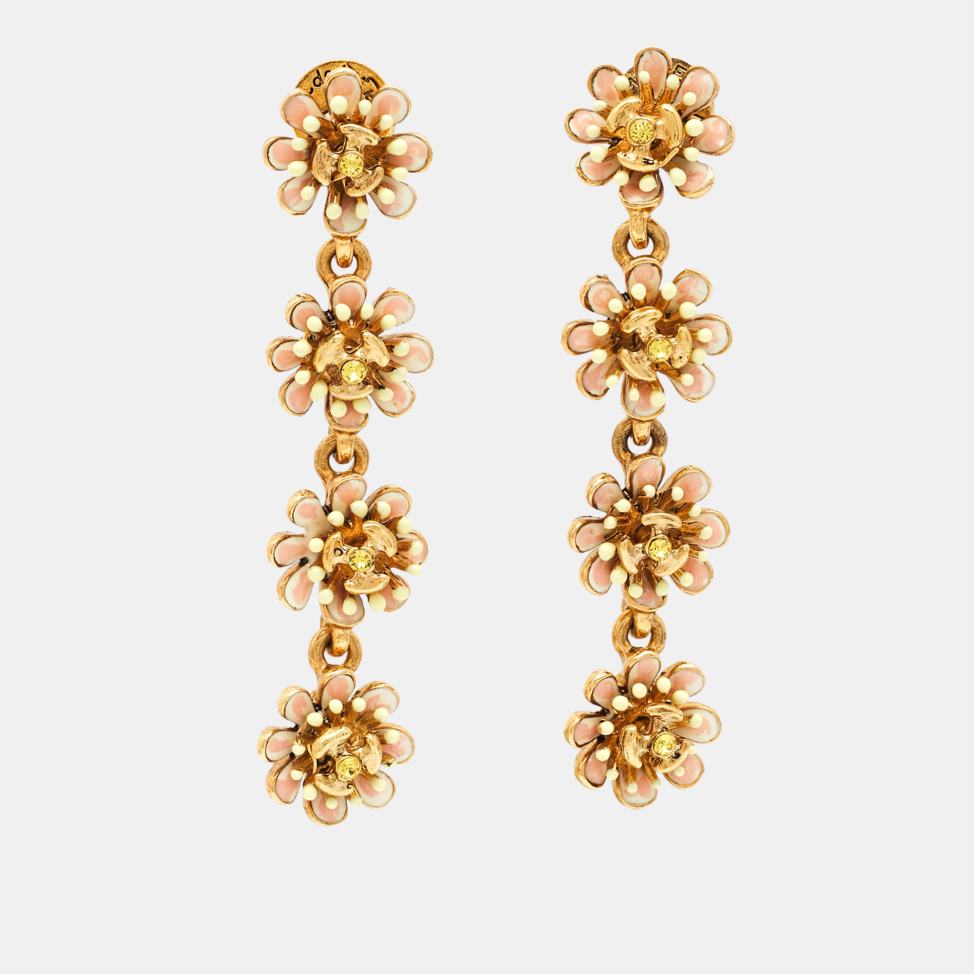 

Oscar de la Renta Flower Crystals Enamel Gold Tone Earrings