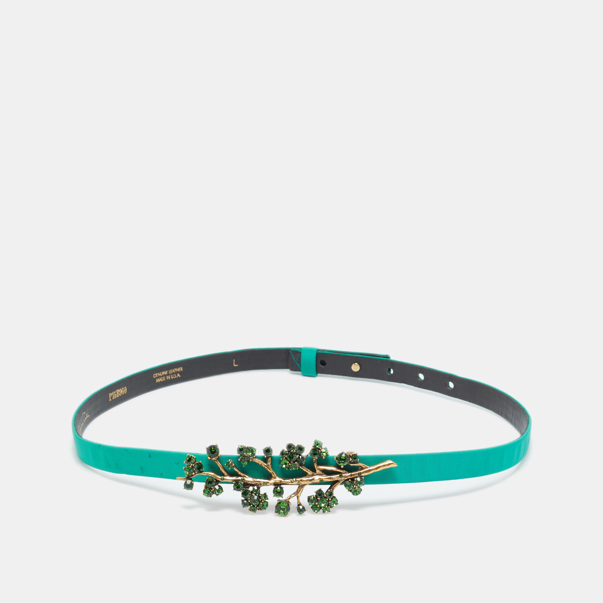 Pre-owned Oscar De La Renta Green Satin Crystal Embellished Slim Belt M
