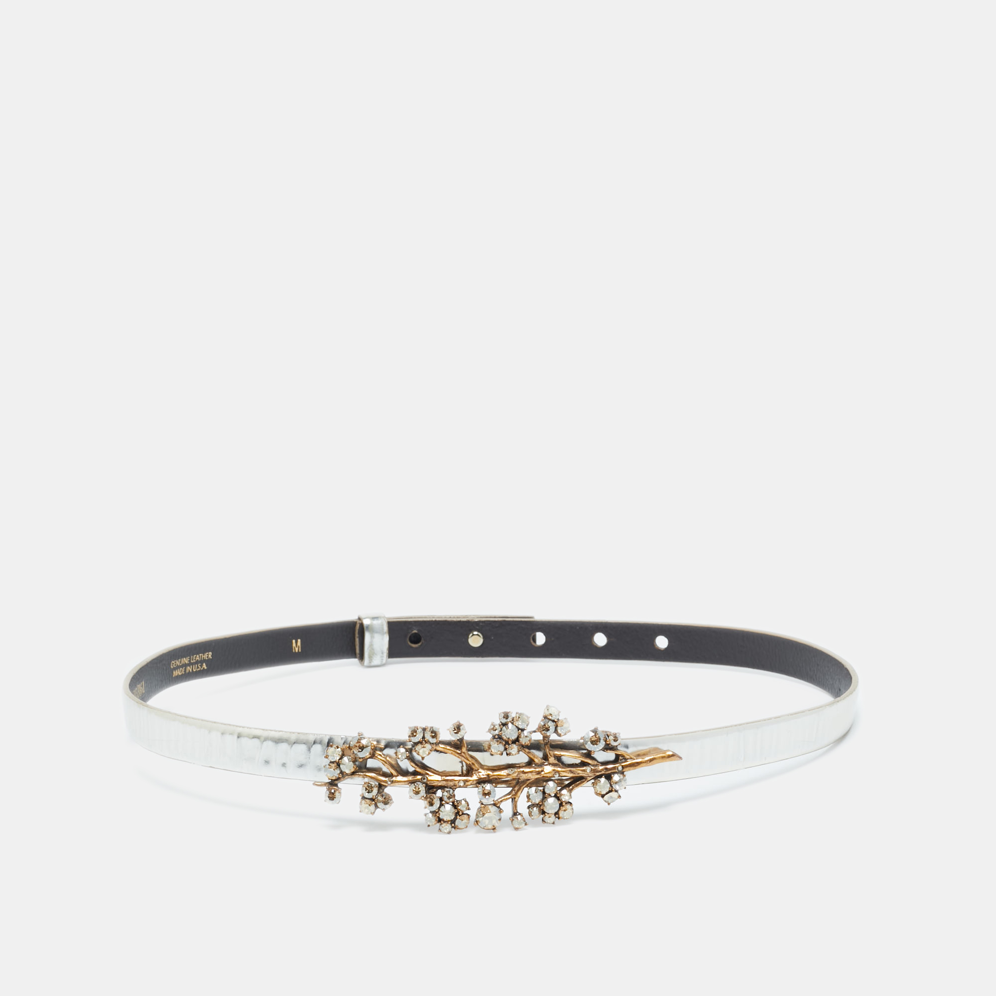 Pre-owned Oscar De La Renta Silver Patent Leather Crystal Embellished Belt M