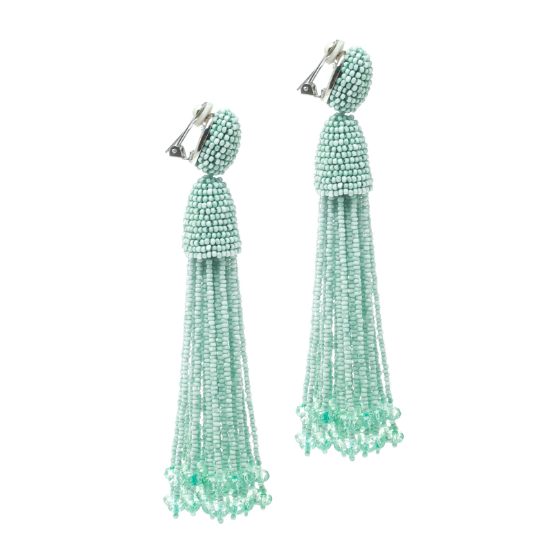 

Oscar De La Renta Sea Green Beaded Tassel Long Clip-on Earrings