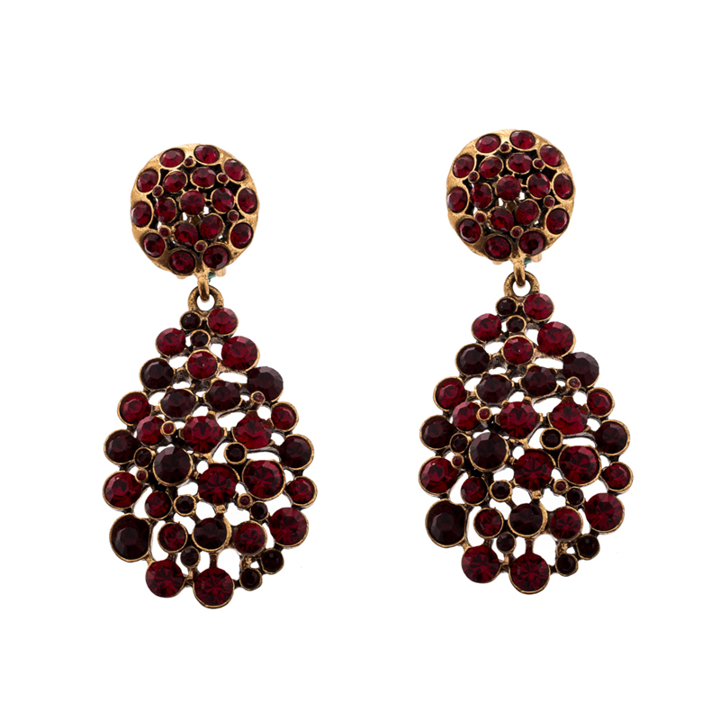 Pre Owned Oscar de la Renta Red Crystal Gold Tone Clip-on Drop Earrings