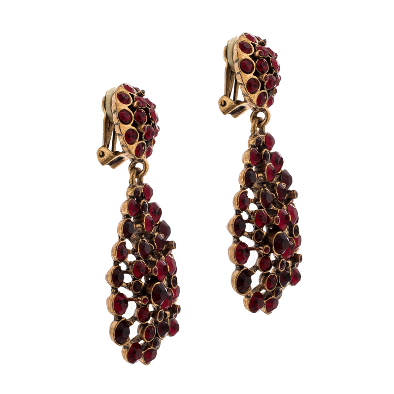 

Oscar de la Renta Red Crystal Gold Tone Clip-on Drop Earrings